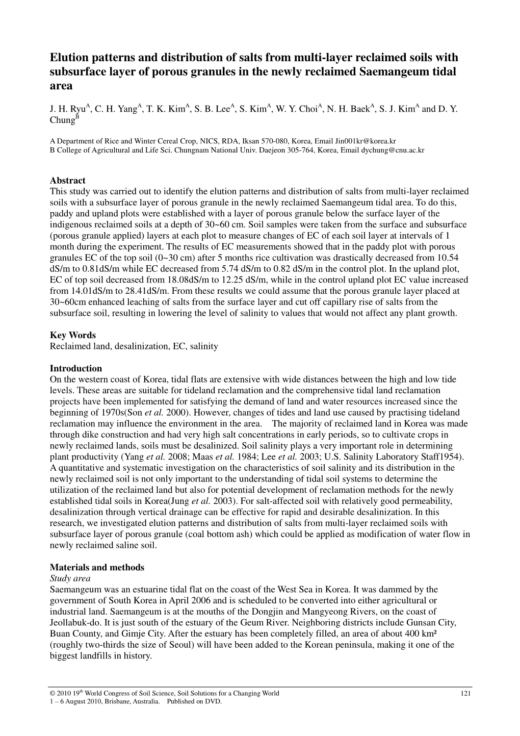 Elution Patterns and Distribution of Salts from Multi-Layer Reclaimed Soils with Subsurface Layer of Porous Granules in the Newly Reclaimed Saemangeum Tidal Area