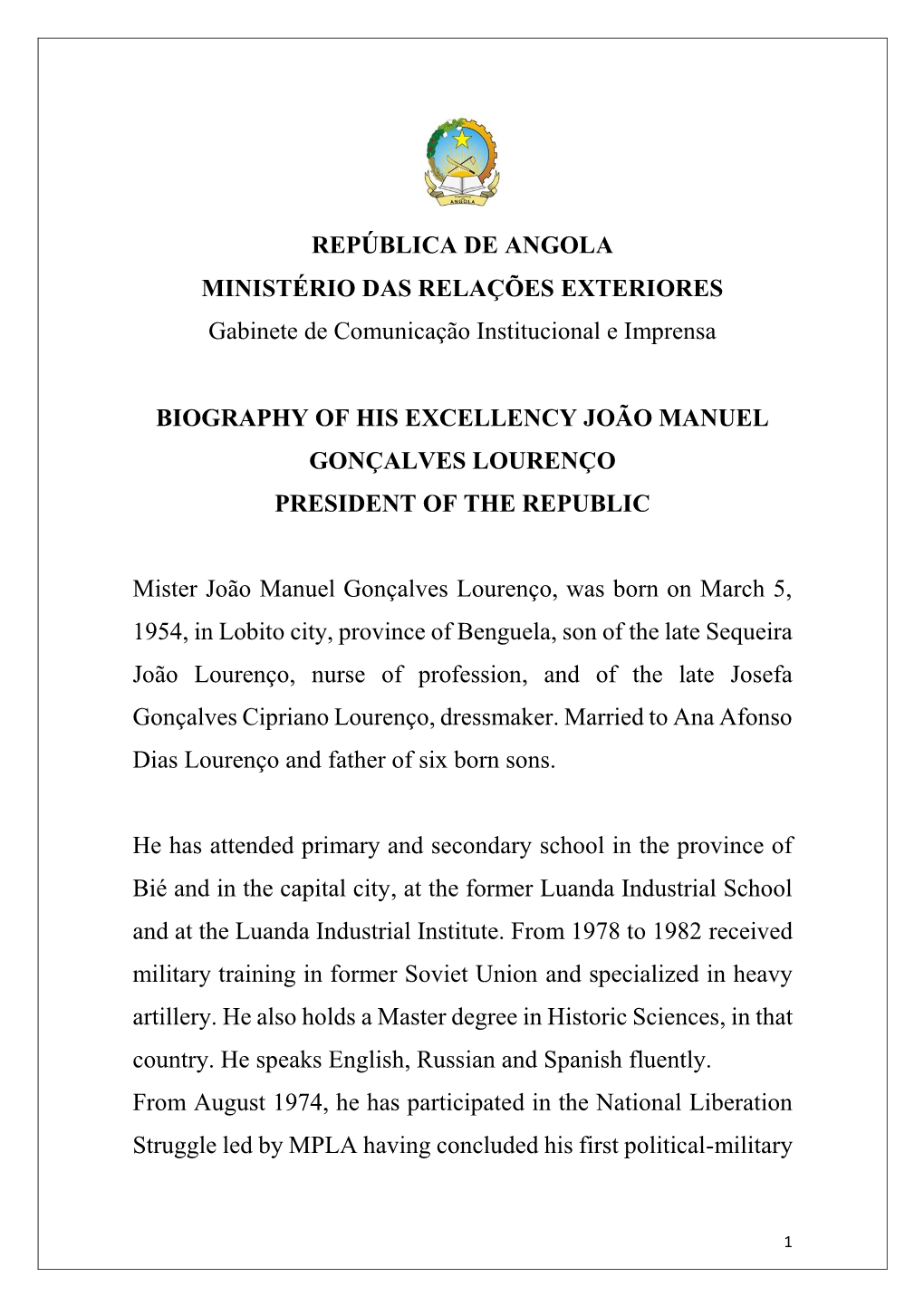 REPÚBLICA DE ANGOLA MINISTÉRIO DAS RELAÇÕES EXTERIORES Gabinete De Comunicação Institucional E Imprensa