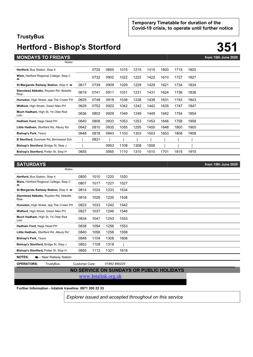 Hertford - Bishop's Stortford 351 MONDAYS to FRIDAYS from 15Th June 2020 Notes