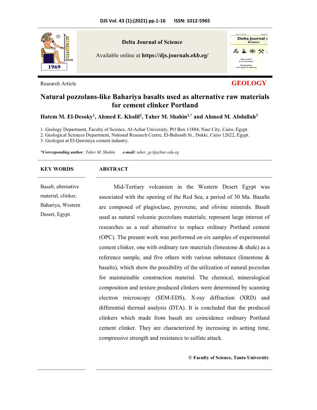 Natural Pozzolans-Like Bahariya Basalts Used As Alternative Raw Materials for Cement Clinker Portland Hatem M