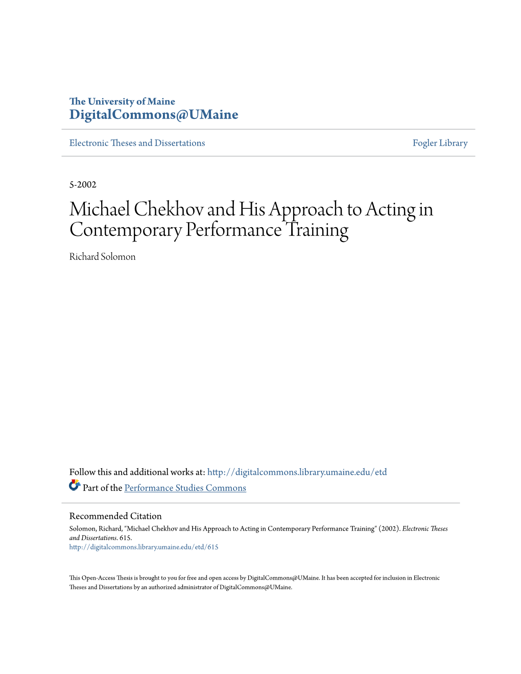 Michael Chekhov and His Approach to Acting in Contemporary Performance Training Richard Solomon