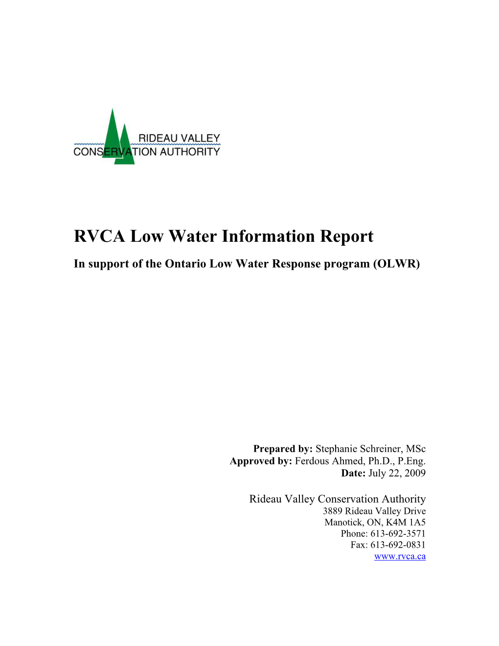 RVCA Low Water Information Report in Support of the Ontario Low Water Response Program (OLWR)