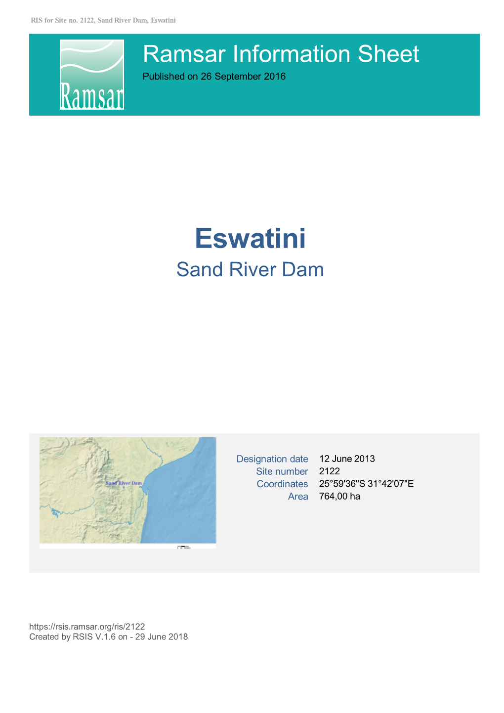 Eswatini Ramsar Information Sheet Published on 26 September 2016