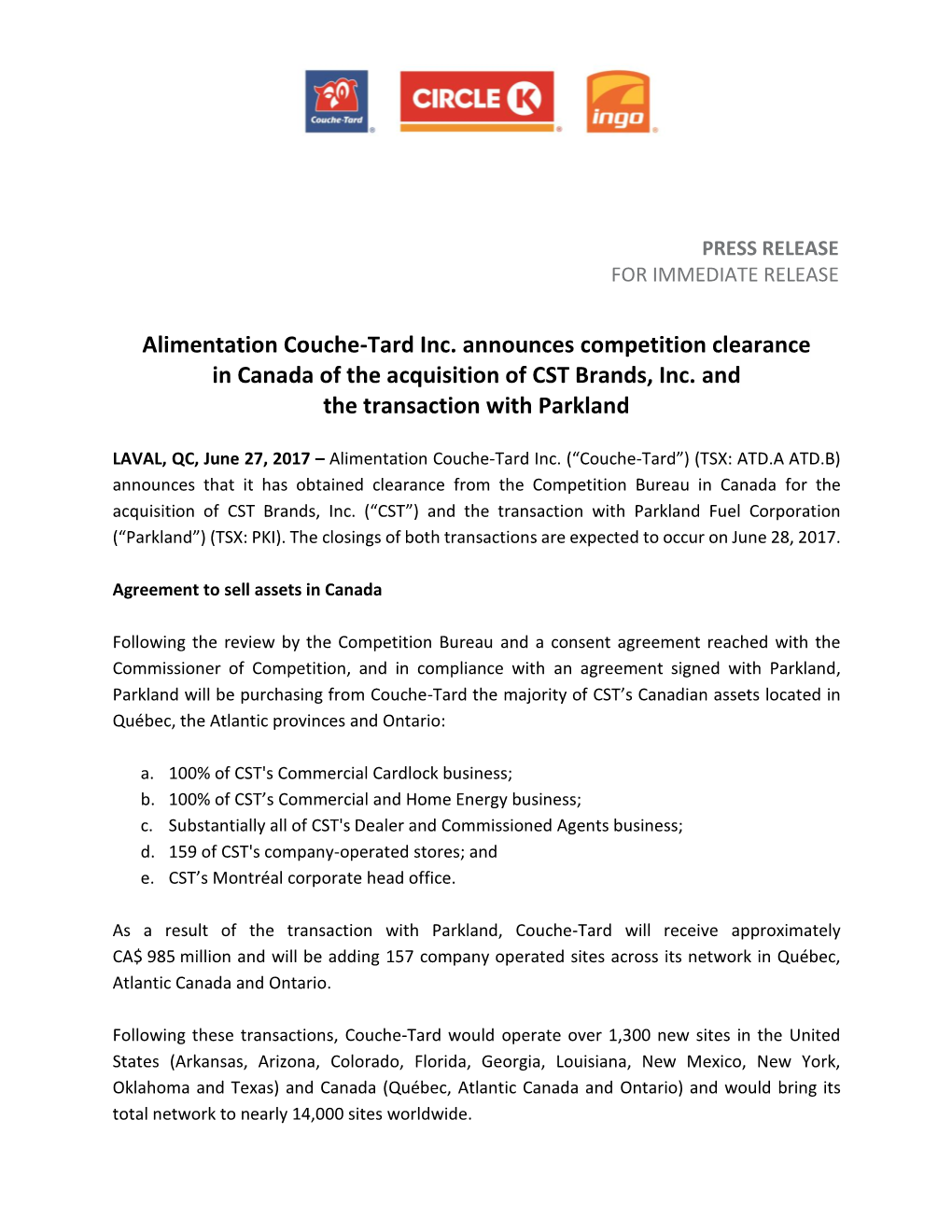 Alimentation Couche-Tard Inc. Announces Competition Clearance in Canada of the Acquisition of CST Brands, Inc