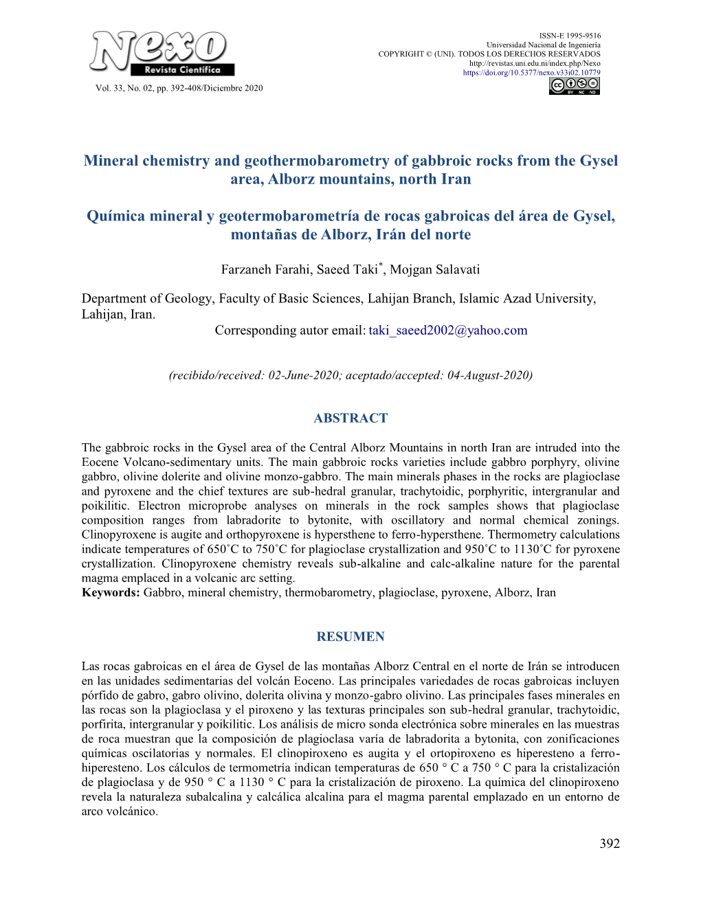 Mineral Chemistry and Geothermobarometry of Gabbroic Rocks from the Gysel Area, Alborz Mountains, North Iran Química Mineral Y