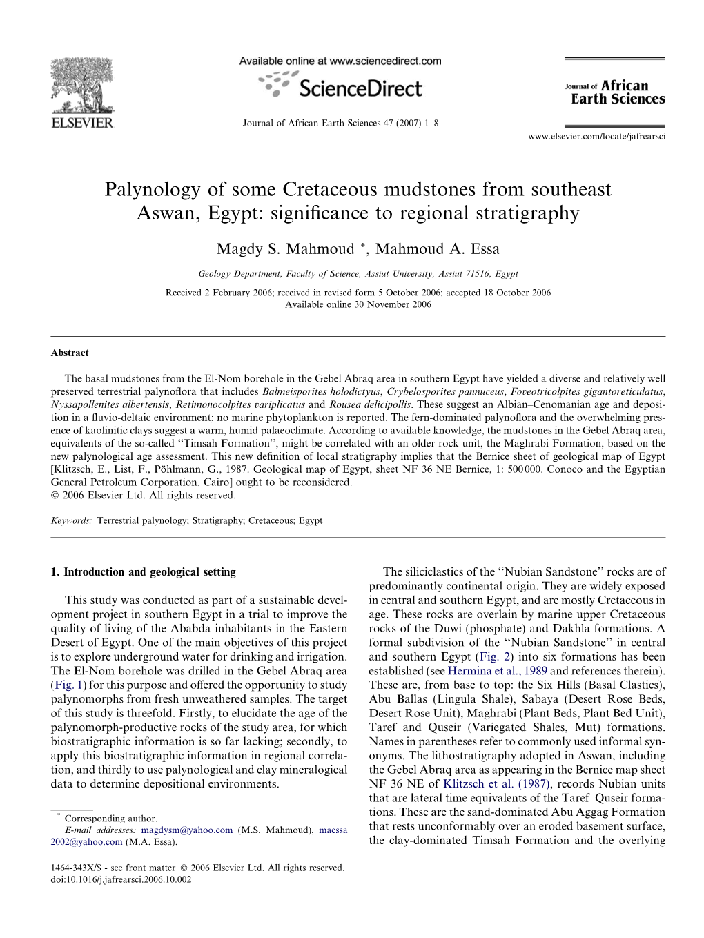 Palynology of Some Cretaceous Mudstones from Southeast Aswan, Egypt: Signiﬁcance to Regional Stratigraphy