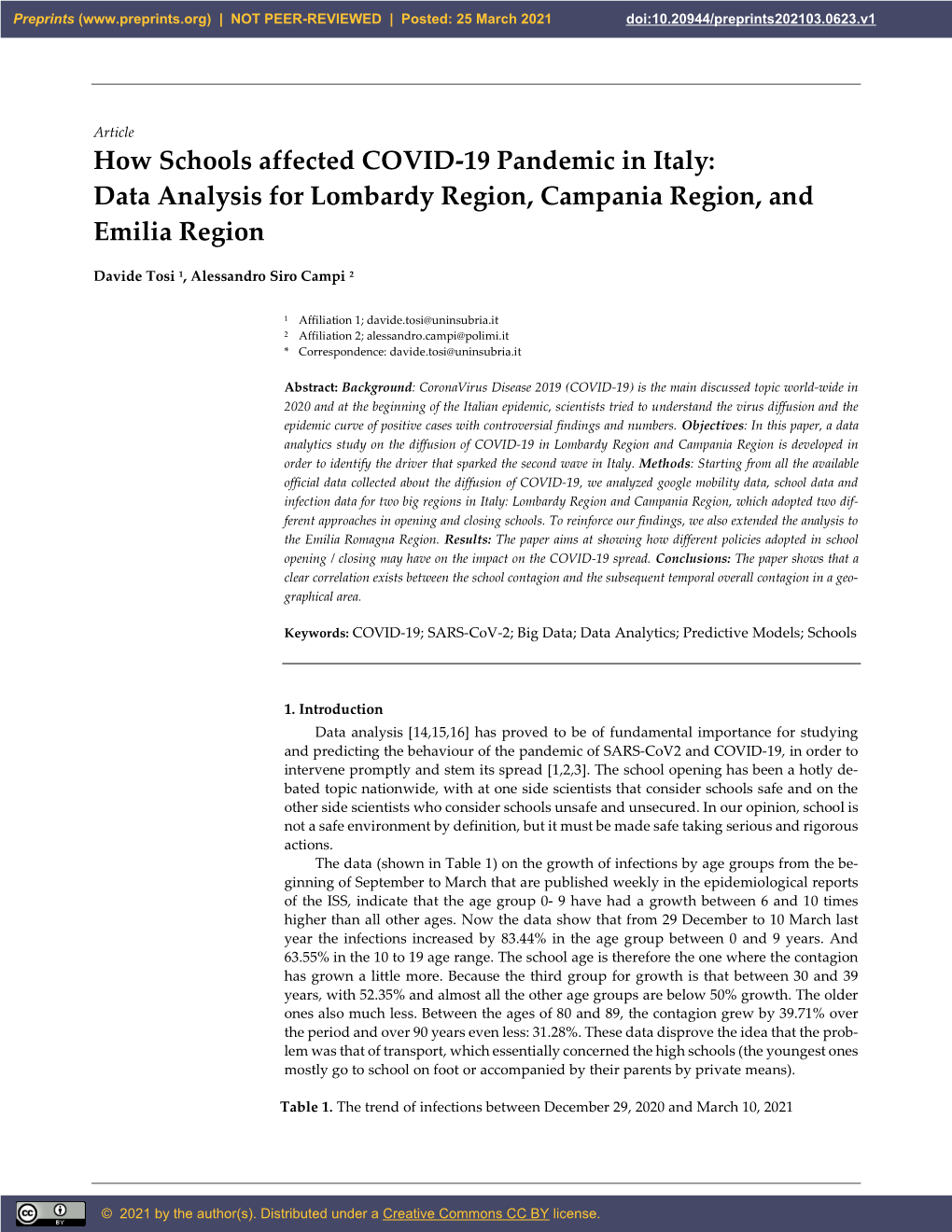 How Schools Affected COVID-19 Pandemic in Italy: Data Analysis for Lombardy Region, Campania Region, and Emilia Region