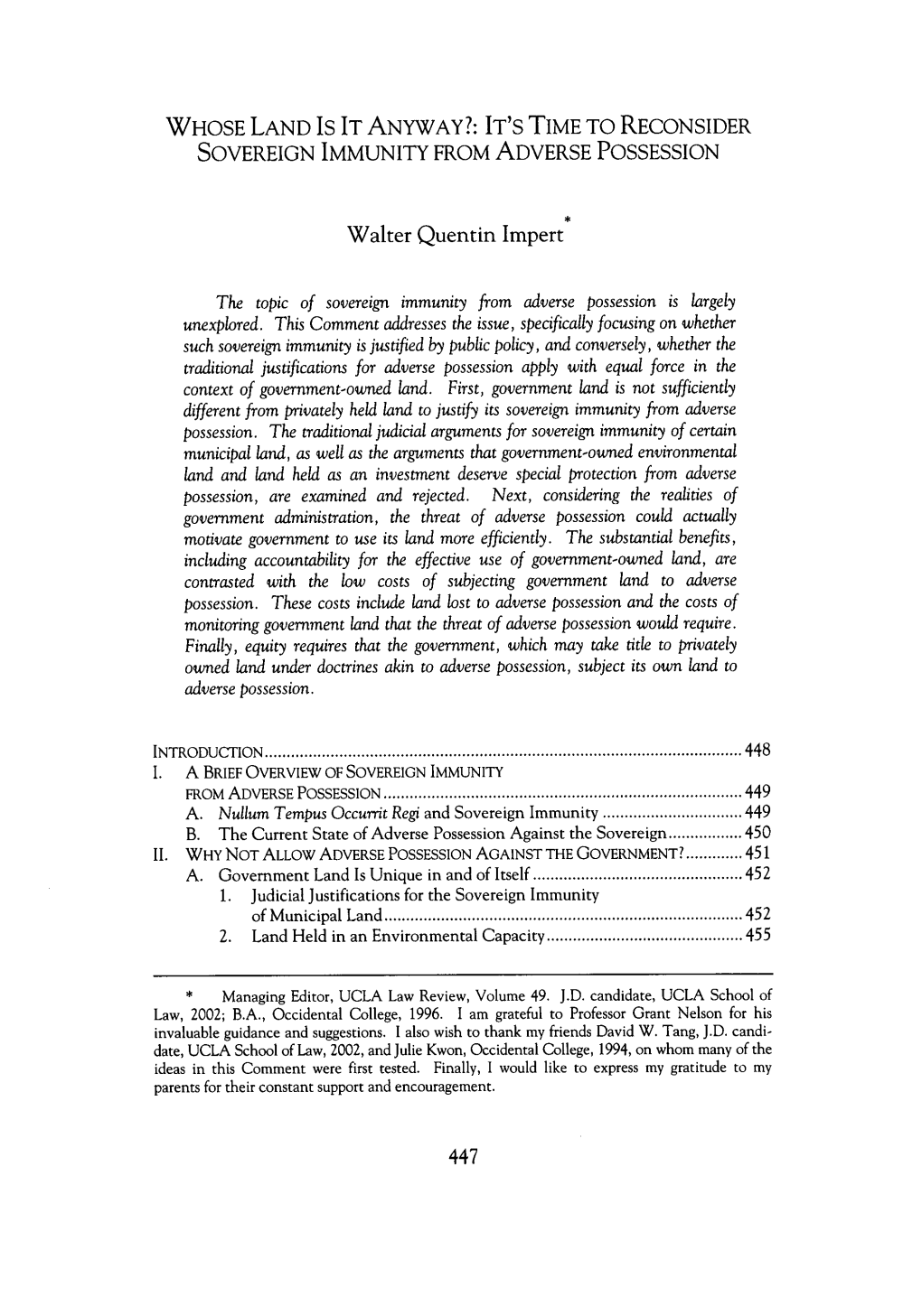 It's Time to Reconsider Sovereign Immunity from Adverse Possession