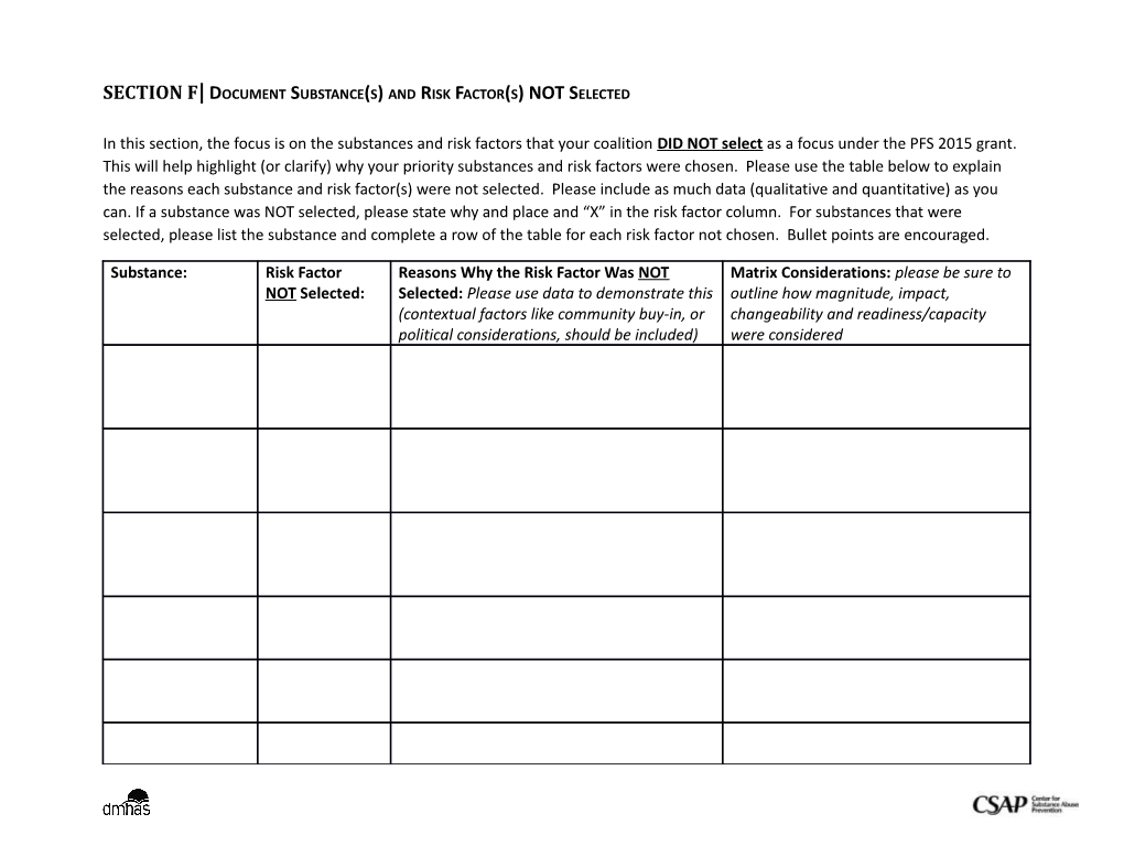 Section F Document Substance(S) and Risk Factor(S) NOT Selected