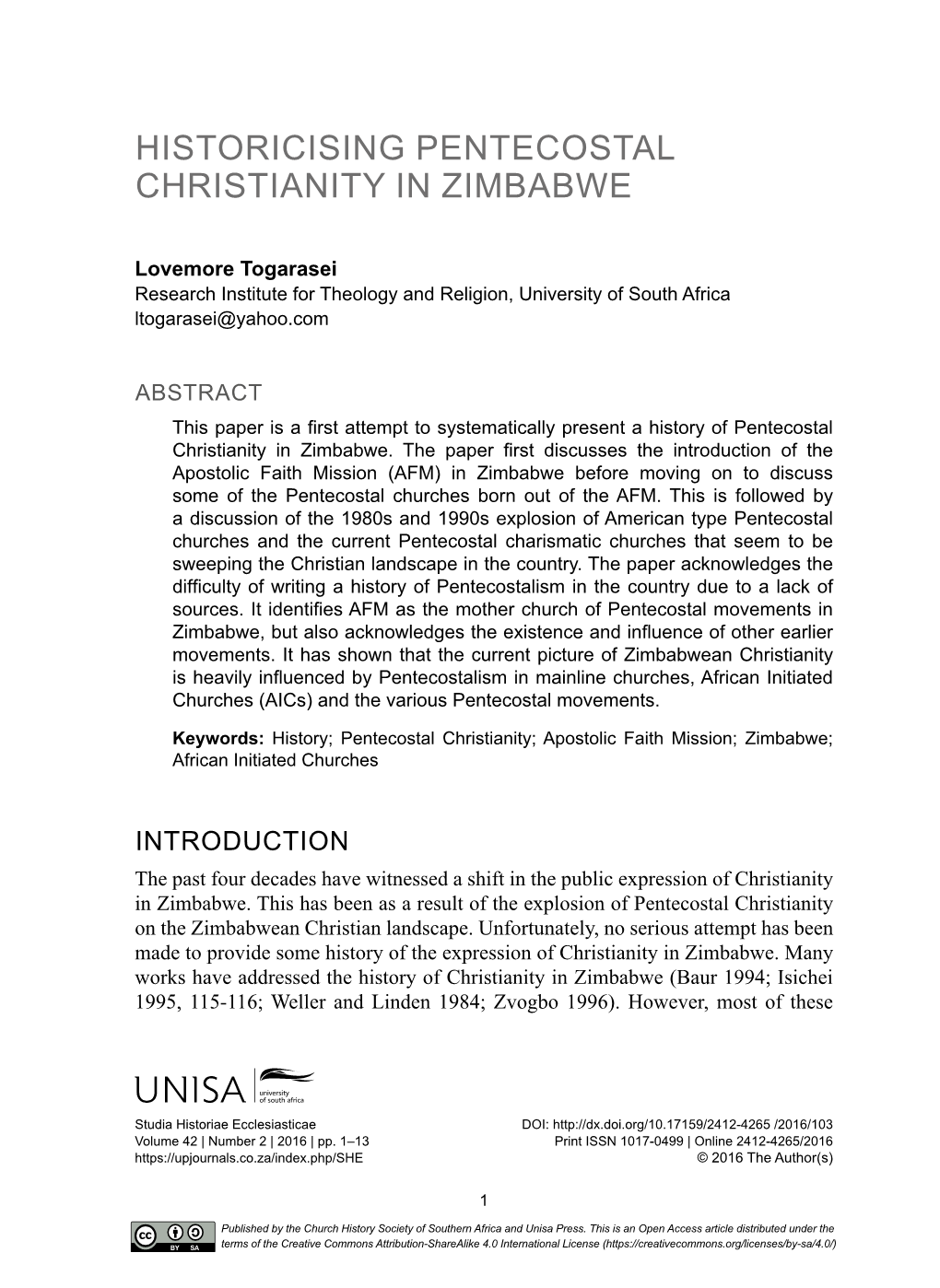 Historicising Pentecostal Christianity in Zimbabwe