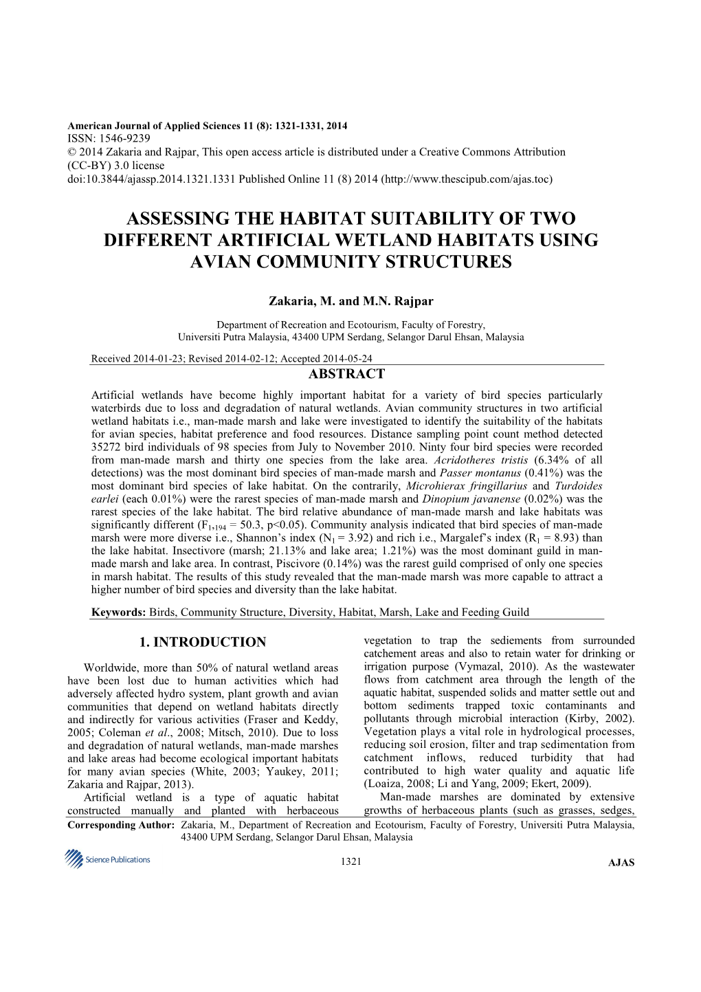 Assessing the Habitat Suitability of Two Different Artificial Wetland Habitats Using Avian Community Structures