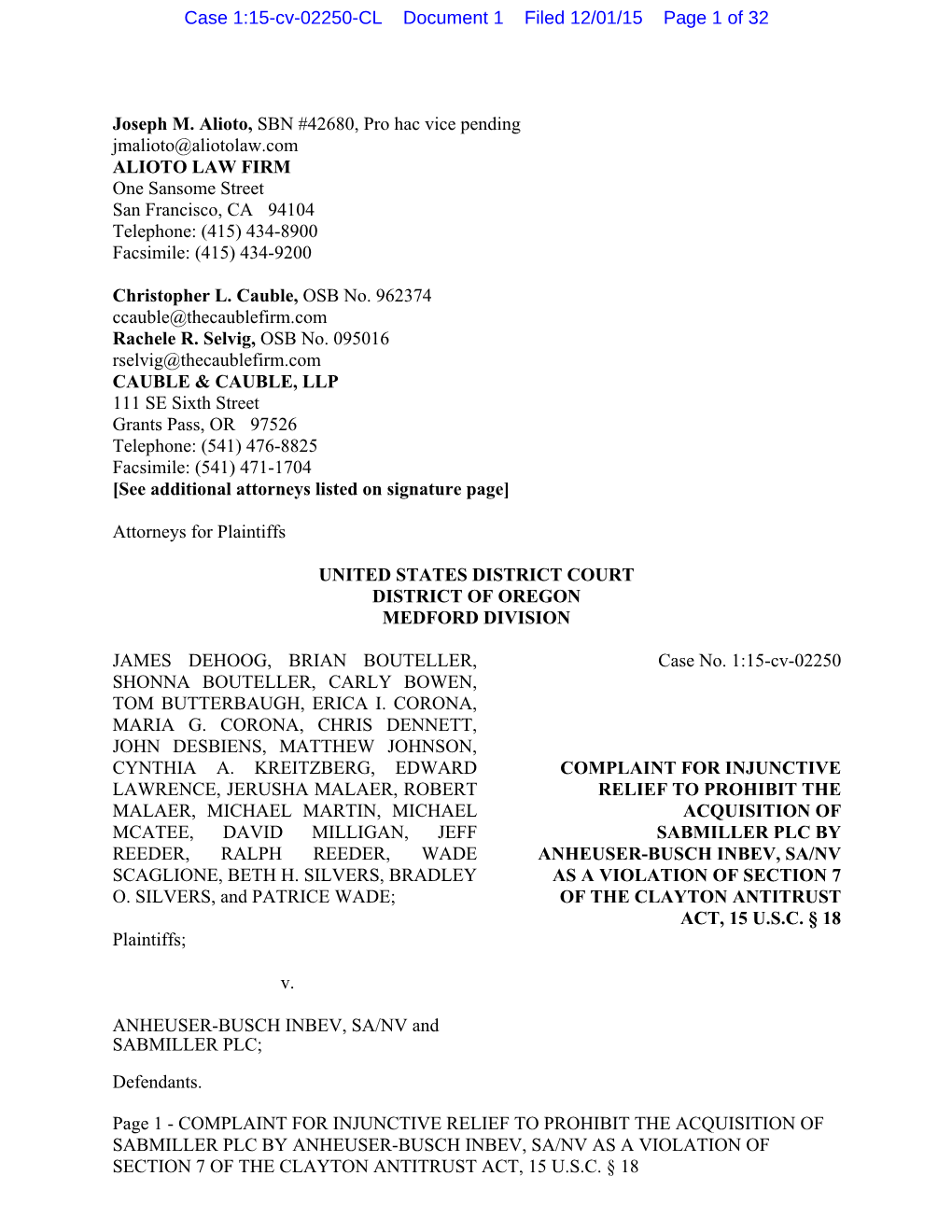 Complaint for Injunctive Relief to Prohibit the Acquisition of Sabmiller Plc by Anheuser-Busch Inbev, Sa/Nv As a Violat