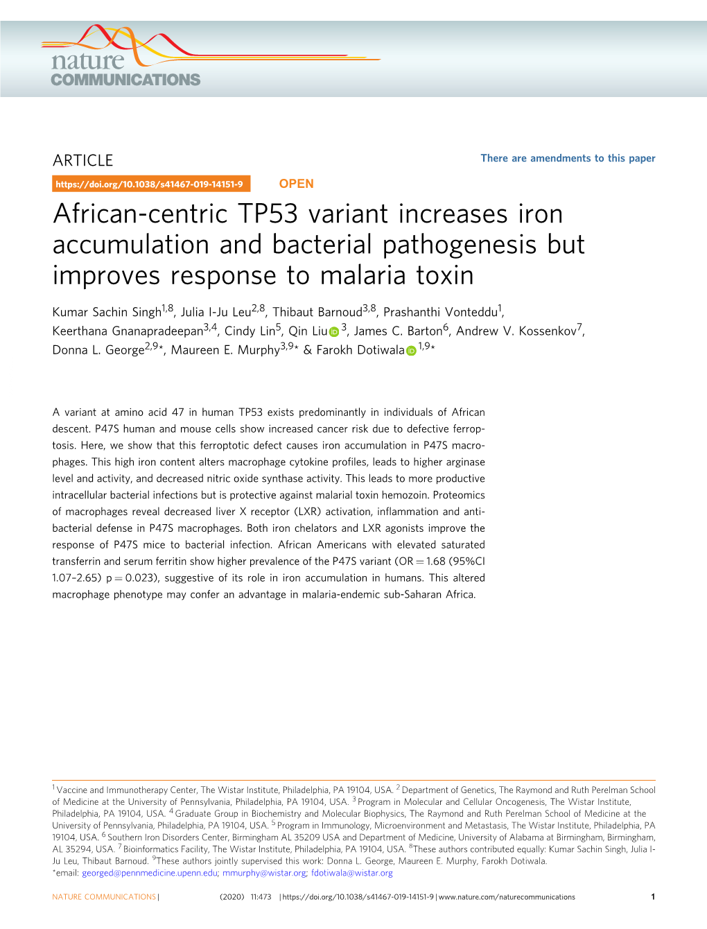 African-Centric TP53 Variant Increases Iron Accumulation and Bacterial Pathogenesis but Improves Response to Malaria Toxin