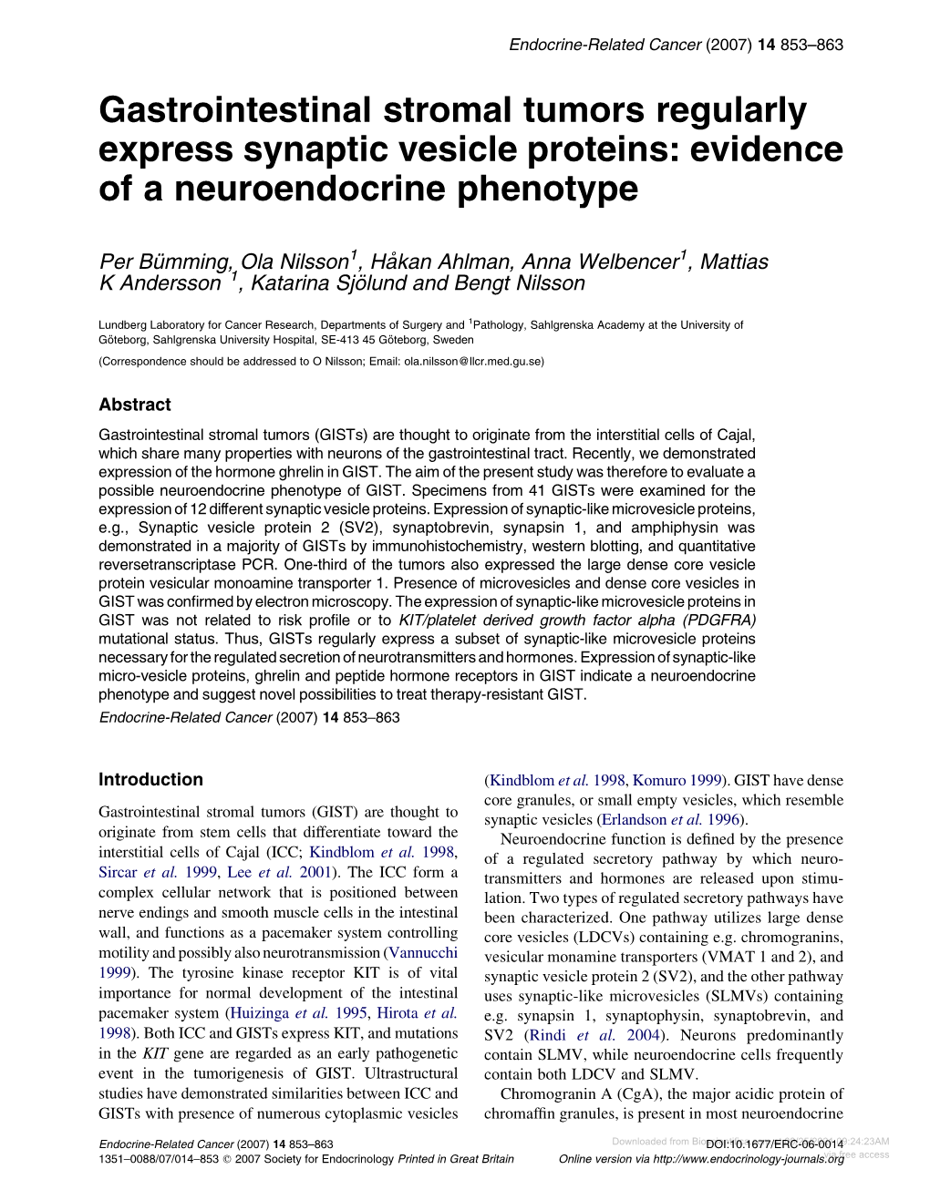 Gastrointestinal Stromal Tumors Regularly Express Synaptic Vesicle Proteins: Evidence of a Neuroendocrine Phenotype