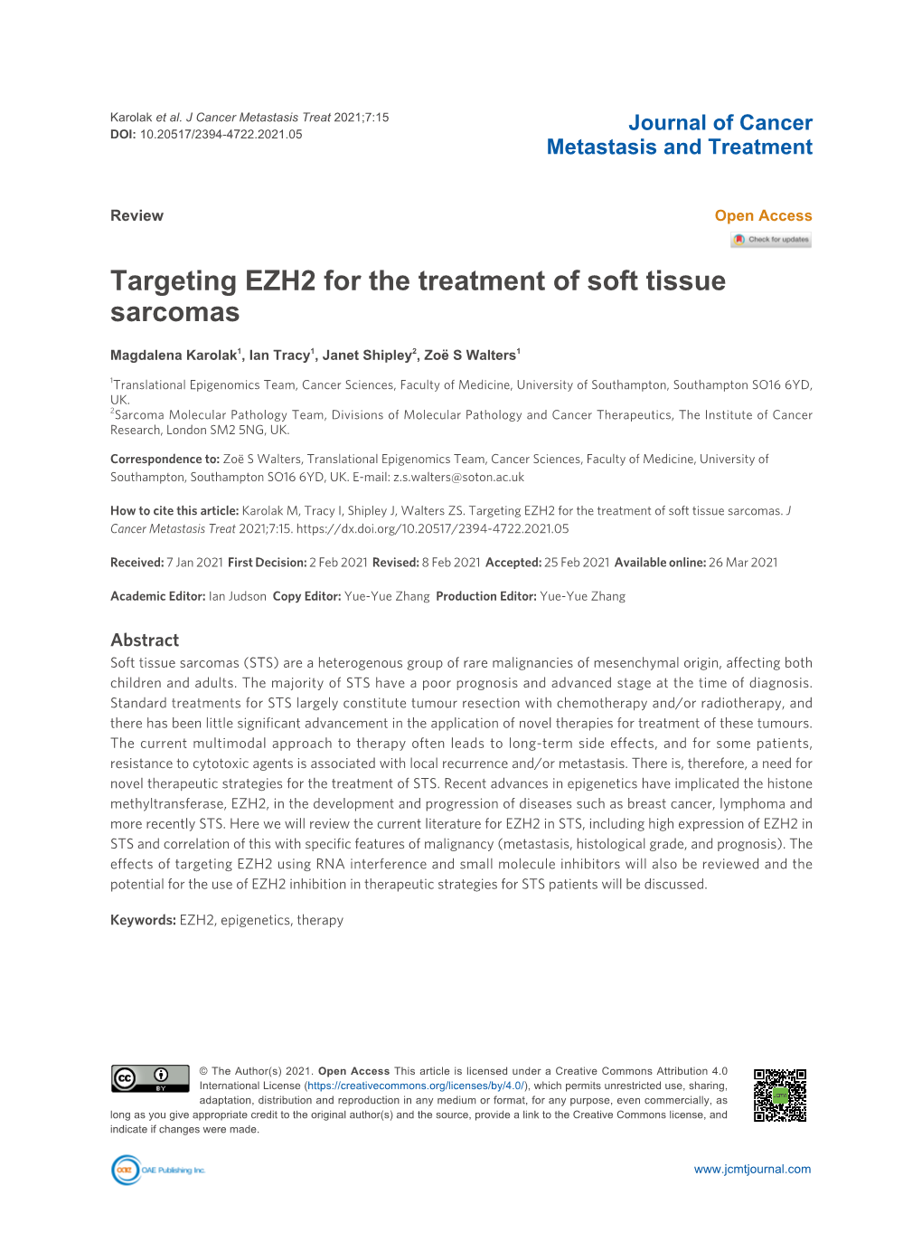 Targeting EZH2 for the Treatment of Soft Tissue Sarcomas