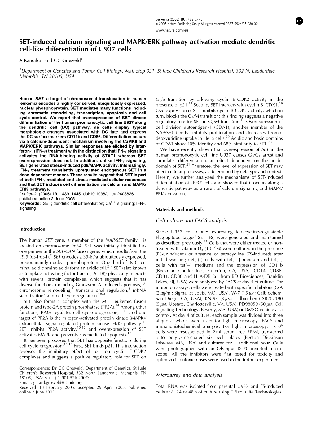 SET-Induced Calcium Signaling and MAPK/ERK Pathway Activation Mediate Dendritic Cell-Like Differentiation of U937 Cells