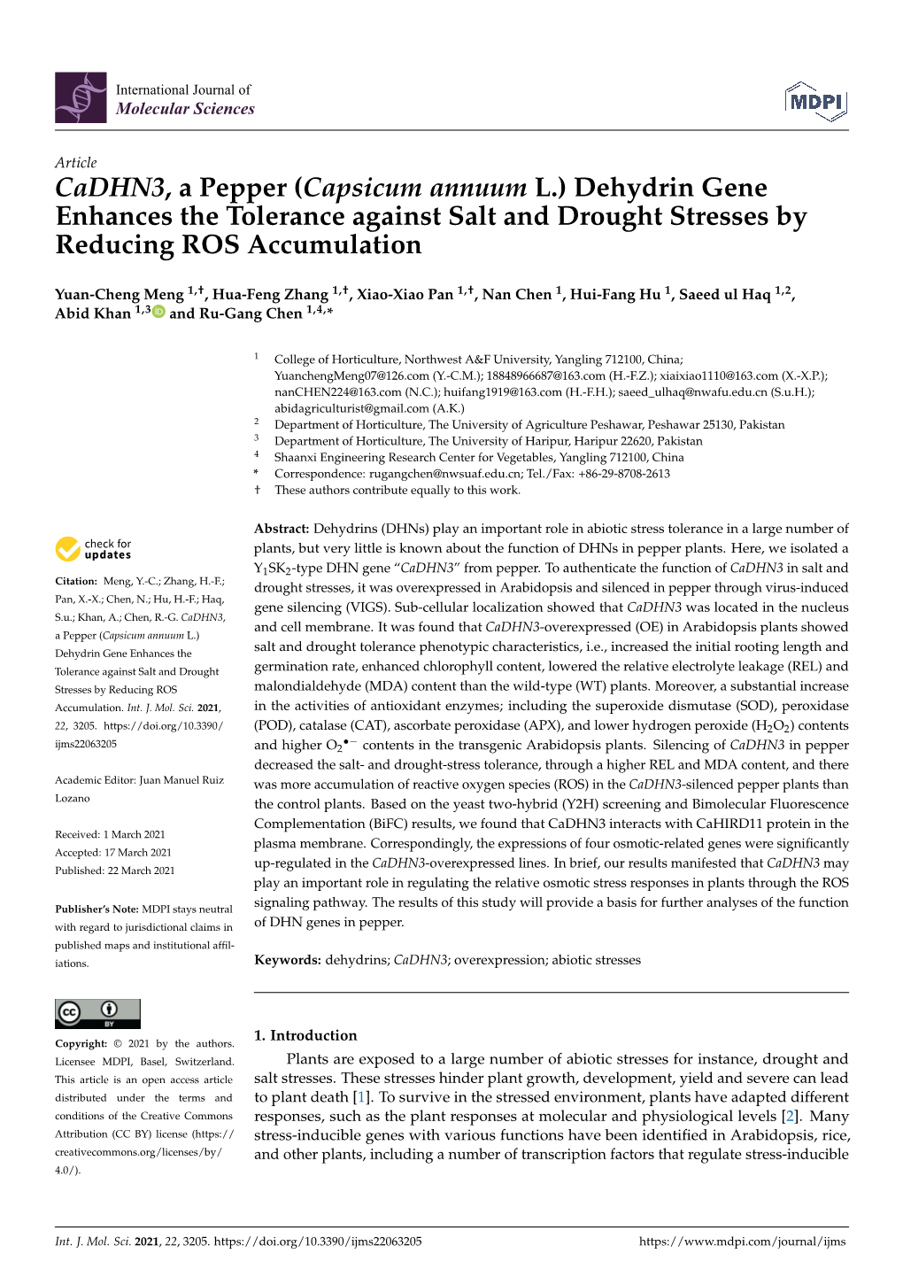 Cadhn3, a Pepper (Capsicum Annuum L.) Dehydrin Gene Enhances the Tolerance Against Salt and Drought Stresses by Reducing ROS Accumulation