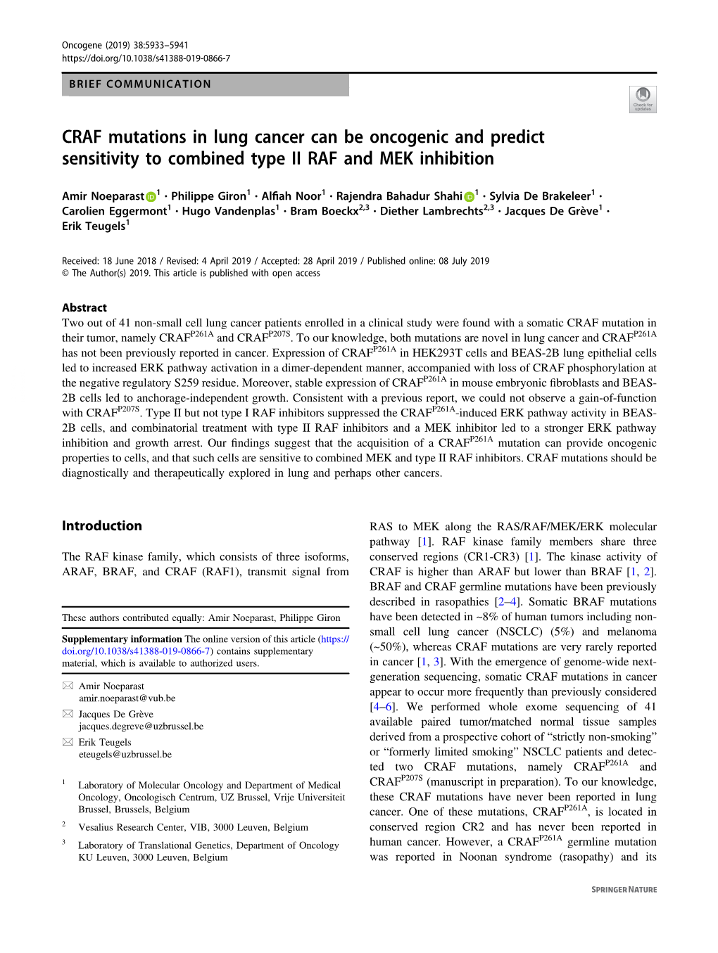 CRAF Mutations in Lung Cancer Can Be Oncogenic and Predict Sensitivity to Combined Type II RAF and MEK Inhibition