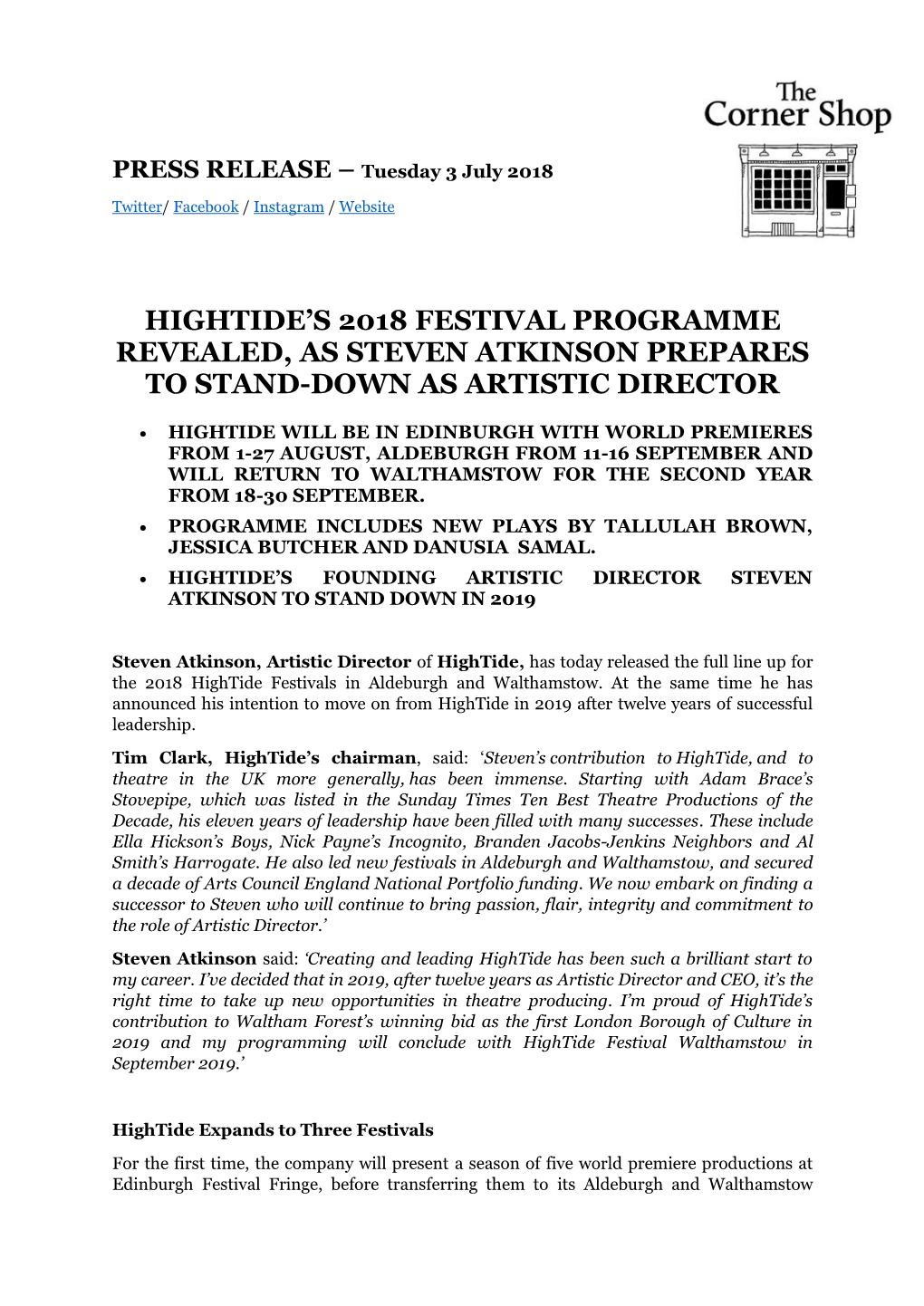 Hightide's 2018 Festival Programme Revealed, As