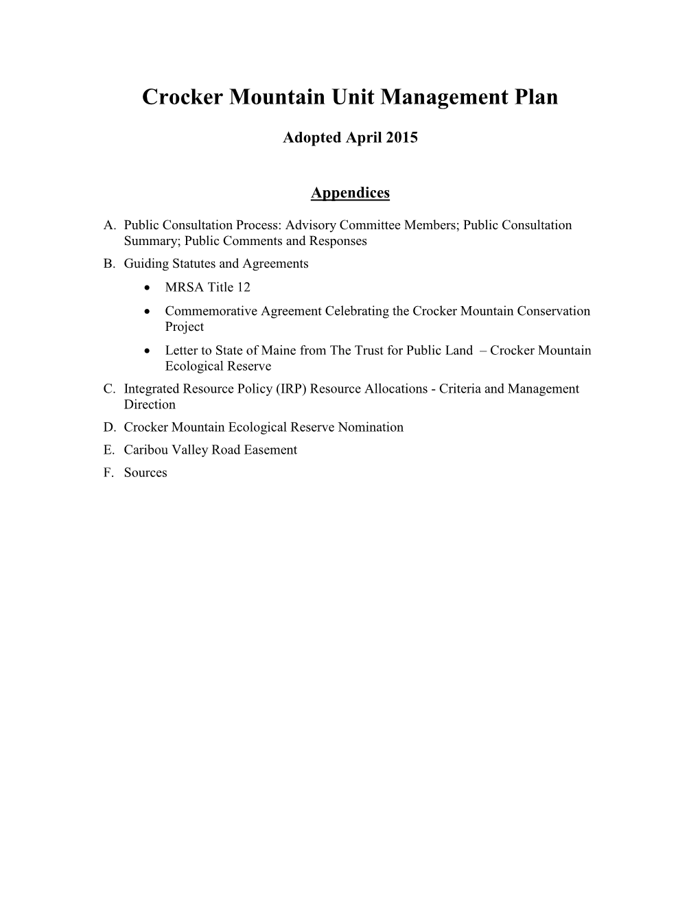 Crocker Mountain Unit Management Plan