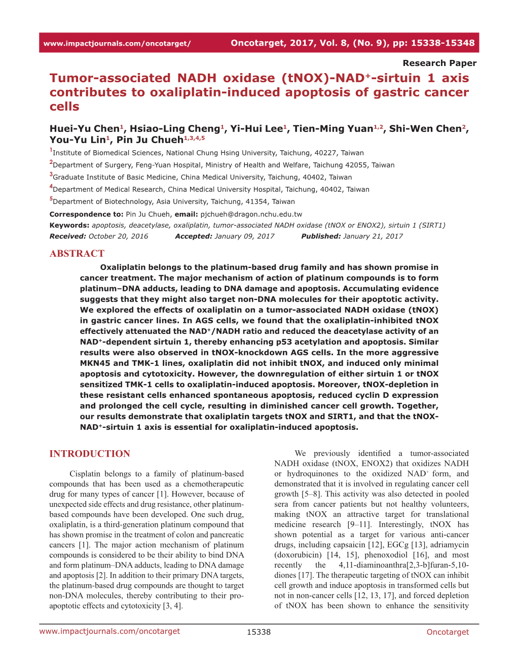 Tumor-Associated NADH Oxidase (Tnox)-NAD+-Sirtuin 1 Axis Contributes to Oxaliplatin-Induced Apoptosis of Gastric Cancer Cells