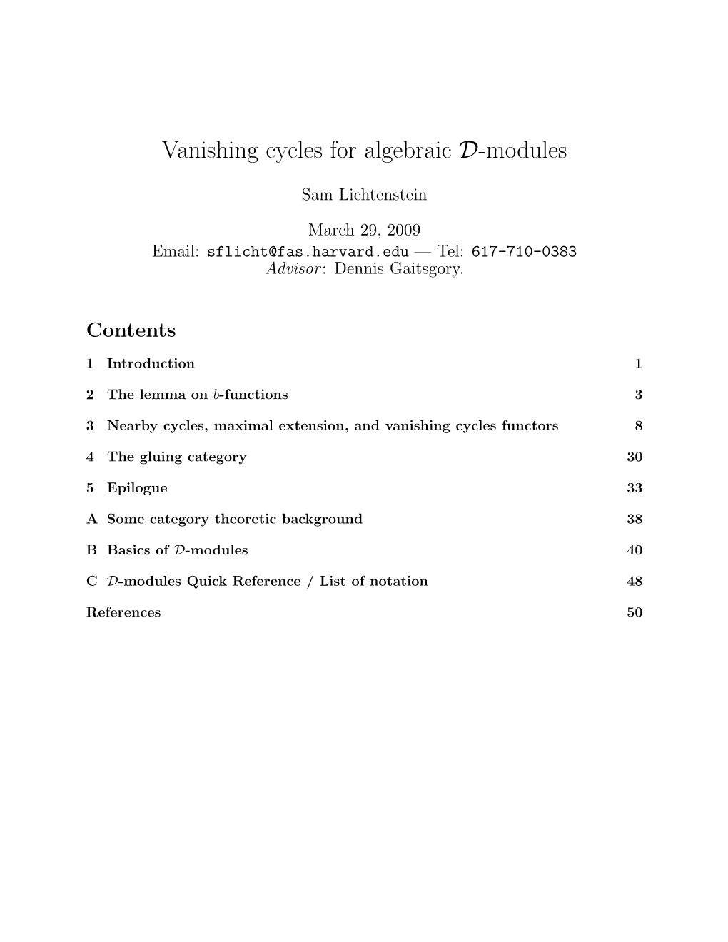 Vanishing Cycles for Algebraic D-Modules