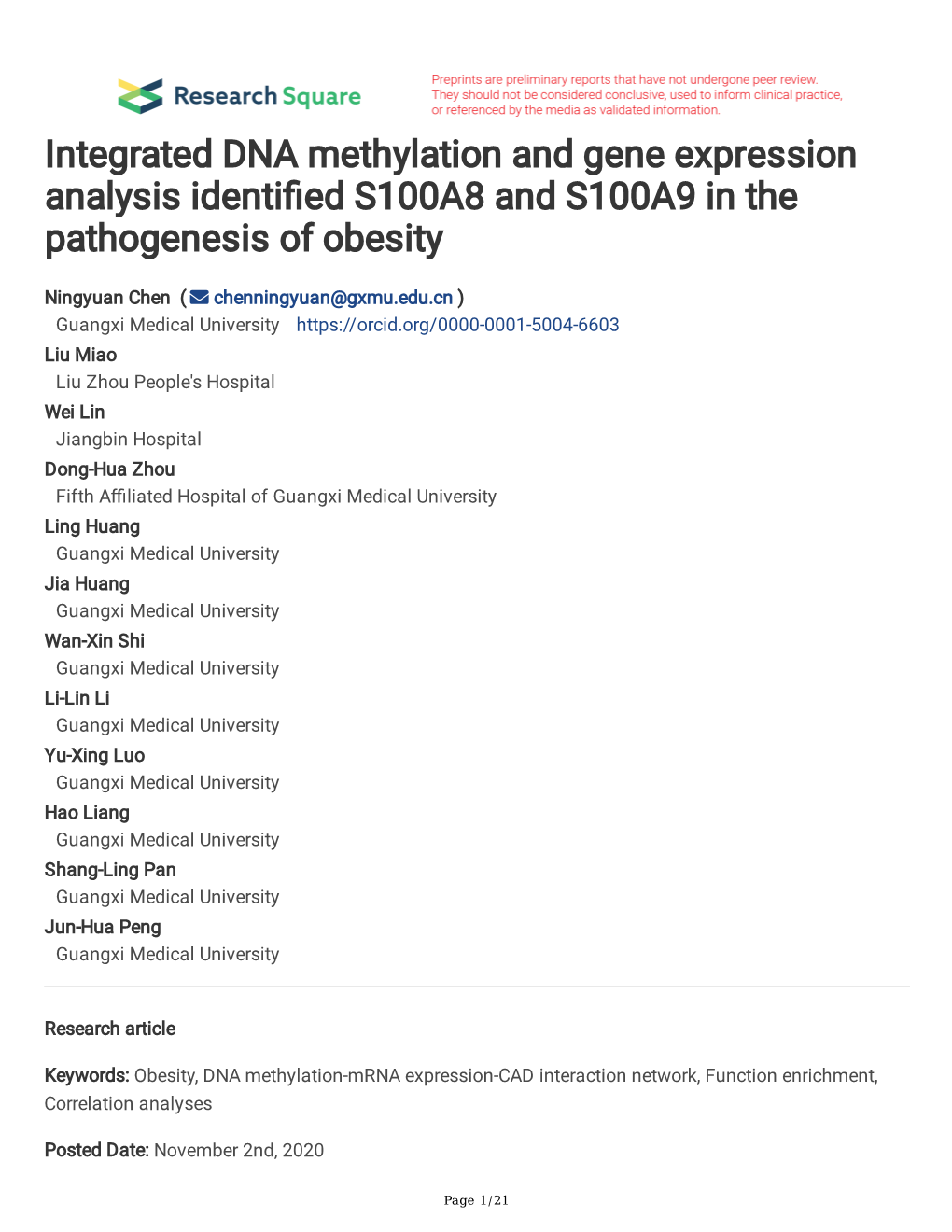 Integrated DNA Methylation and Gene Expression Analysis Identi Ed