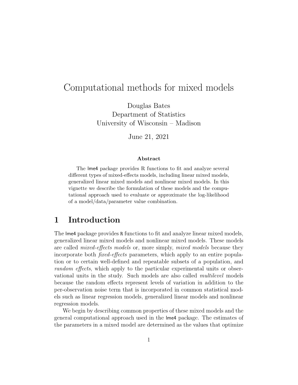 Computational Methods for Mixed Models