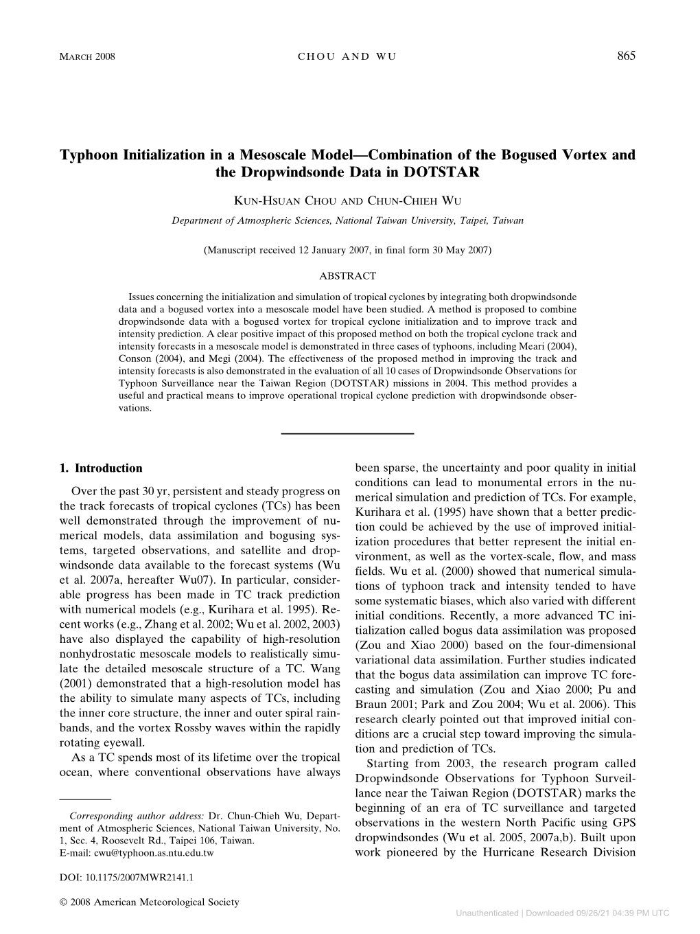 Typhoon Initialization in a Mesoscale Model—Combination of the Bogused Vortex and the Dropwindsonde Data in DOTSTAR