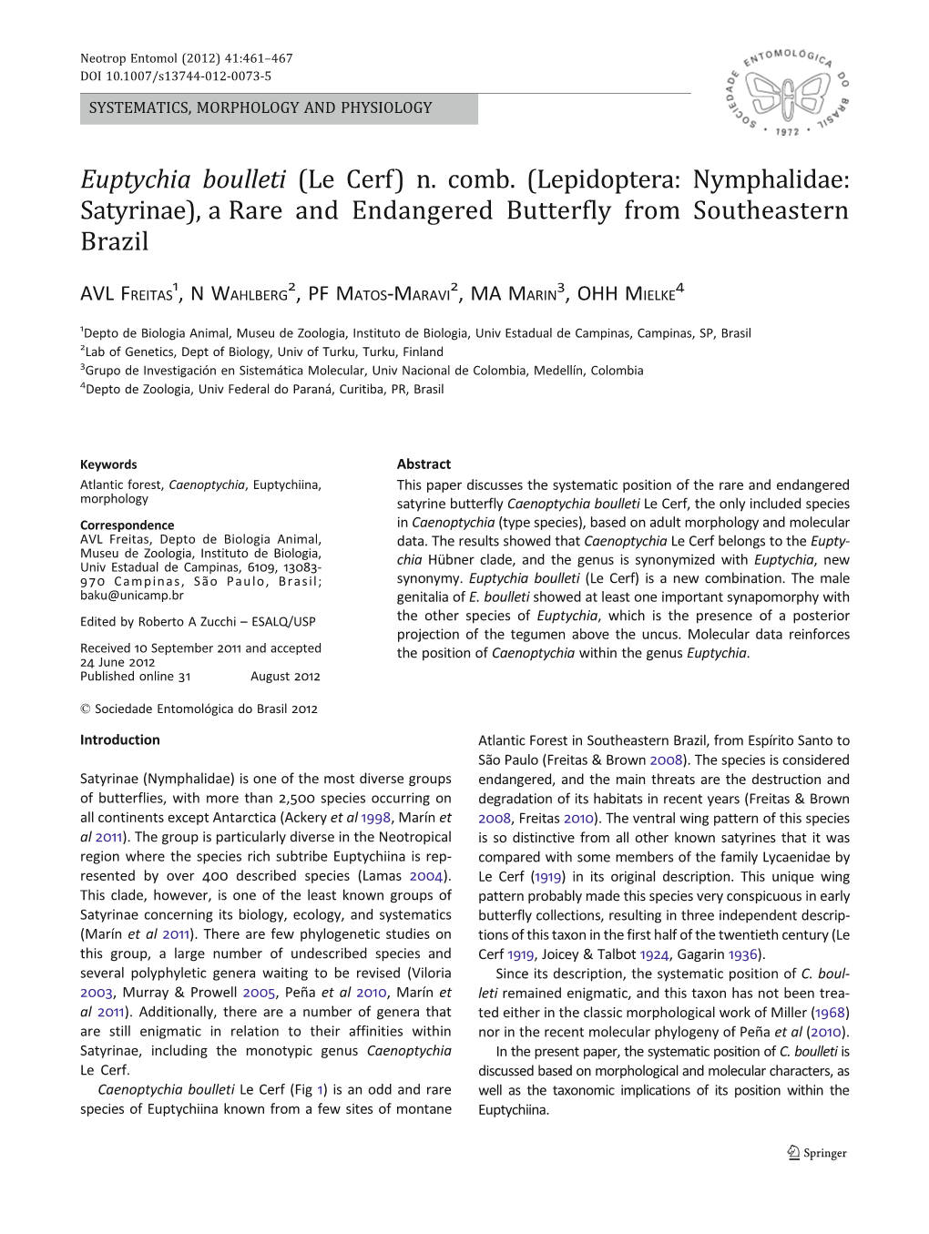 Lepidoptera: Nymphalidae: Satyrinae), a Rare and Endangered Butterfly from Southeastern Brazil