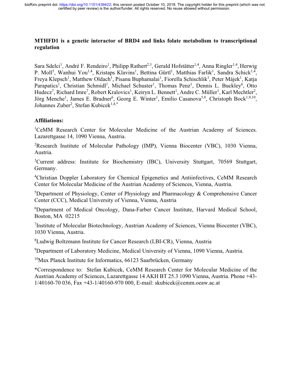 MTHFD1 Is a Genetic Interactor of BRD4 and Links Folate Metabolism to Transcriptional Regulation