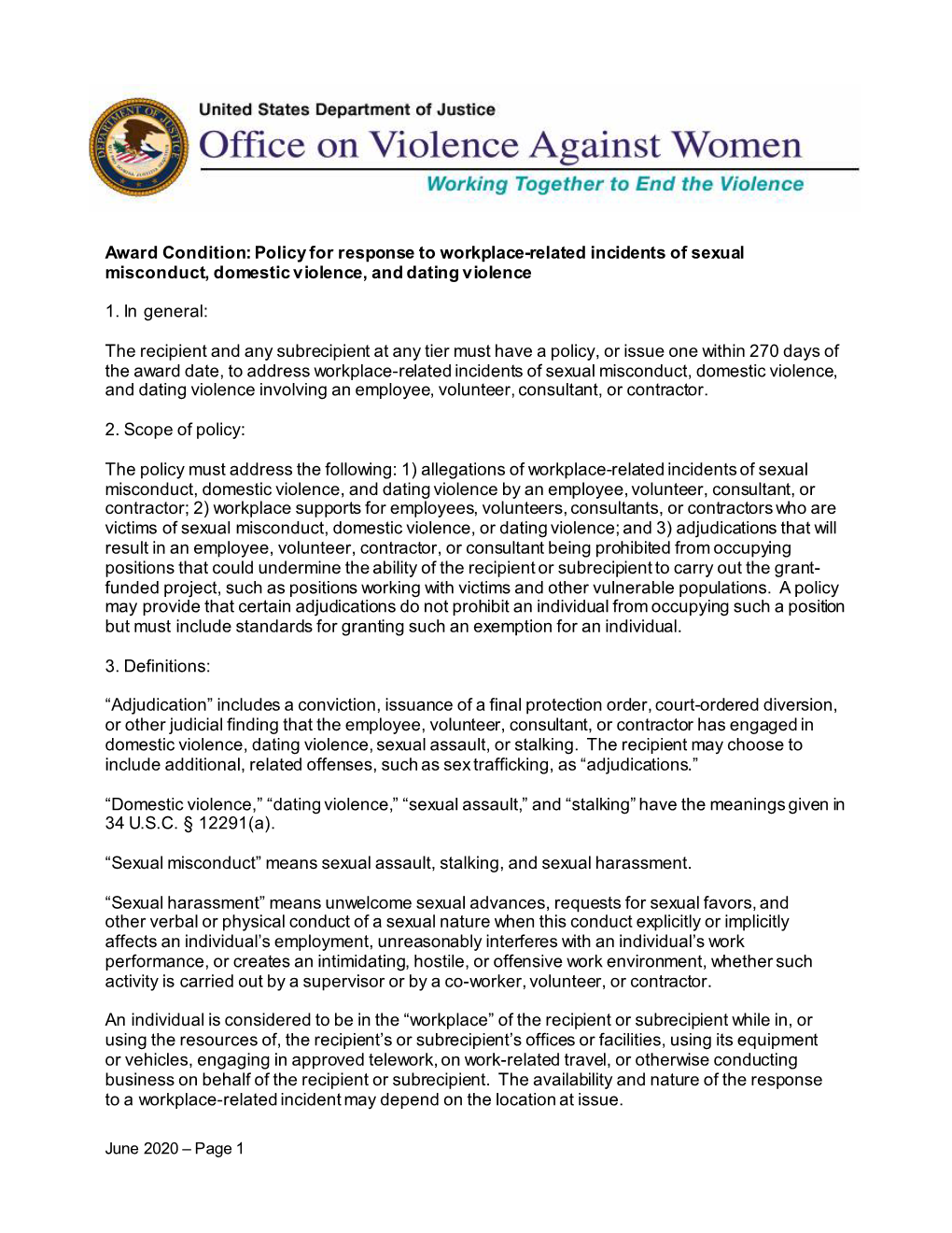 FY 2020 Workplace Sexual Misconduct Special Condition