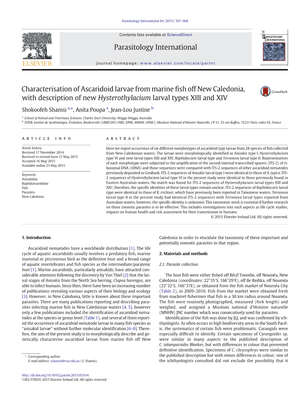 Characterisation of Ascaridoid Larvae from Marine Fish Off New Caledonia