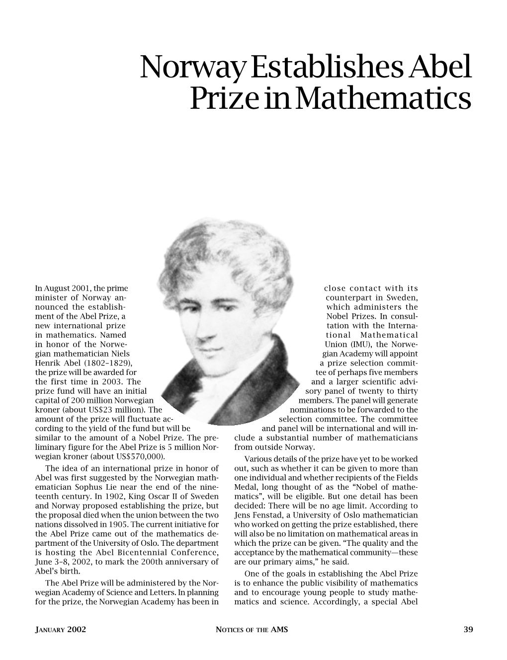 Norway Establishes Abel Prize in Mathematics, Volume 49, Number 1