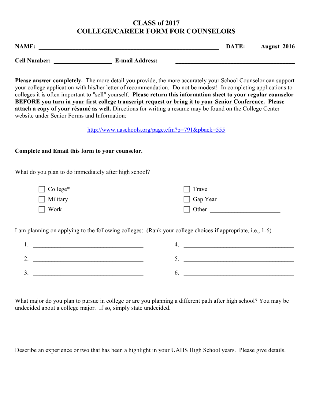 College/Career Form for Counselors