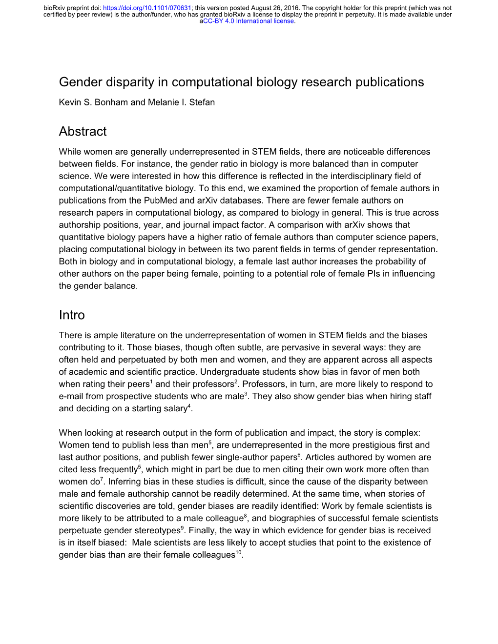 Gender Disparity in Computational Biology Research Publications