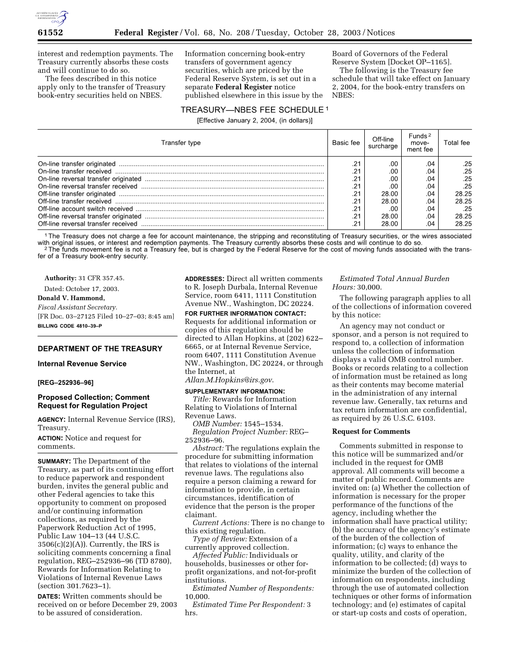 Federal Register/Vol. 68, No. 208/Tuesday, October 28, 2003