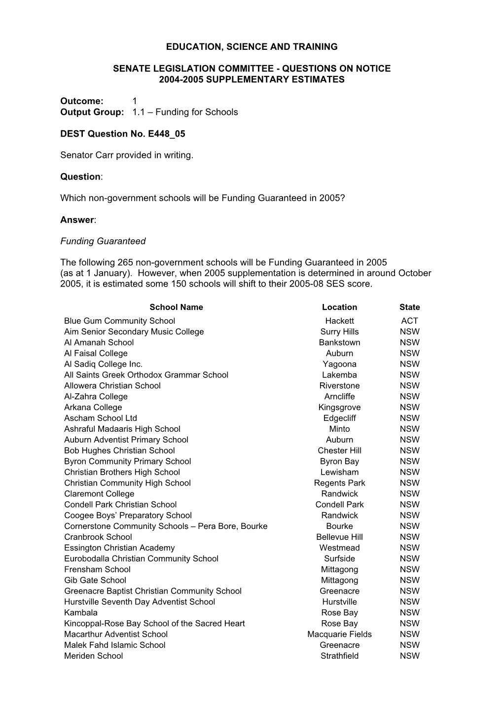 Budget Estimates 2004-05 (Supplementary Questions