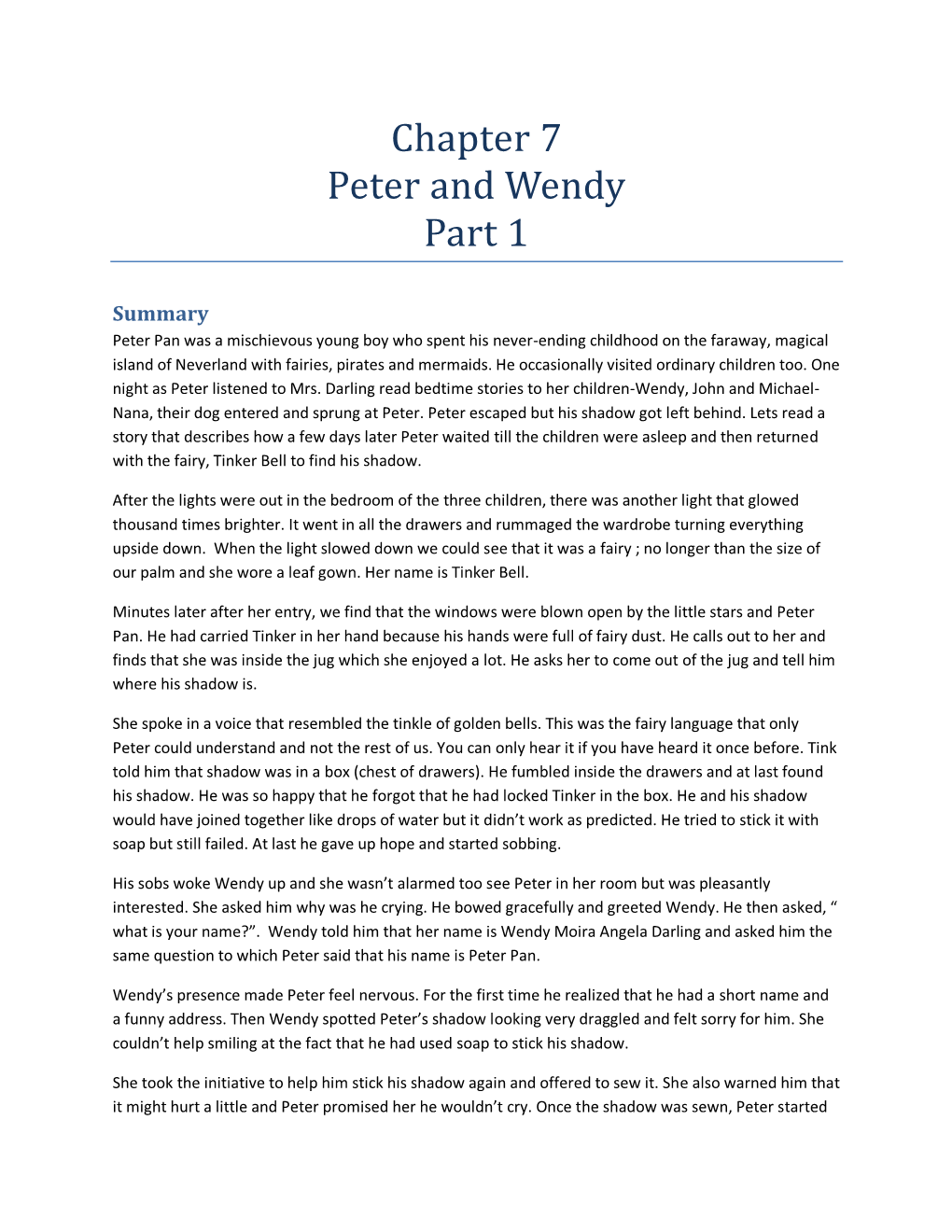 Chapter 7 Peter and Wendy Part 1