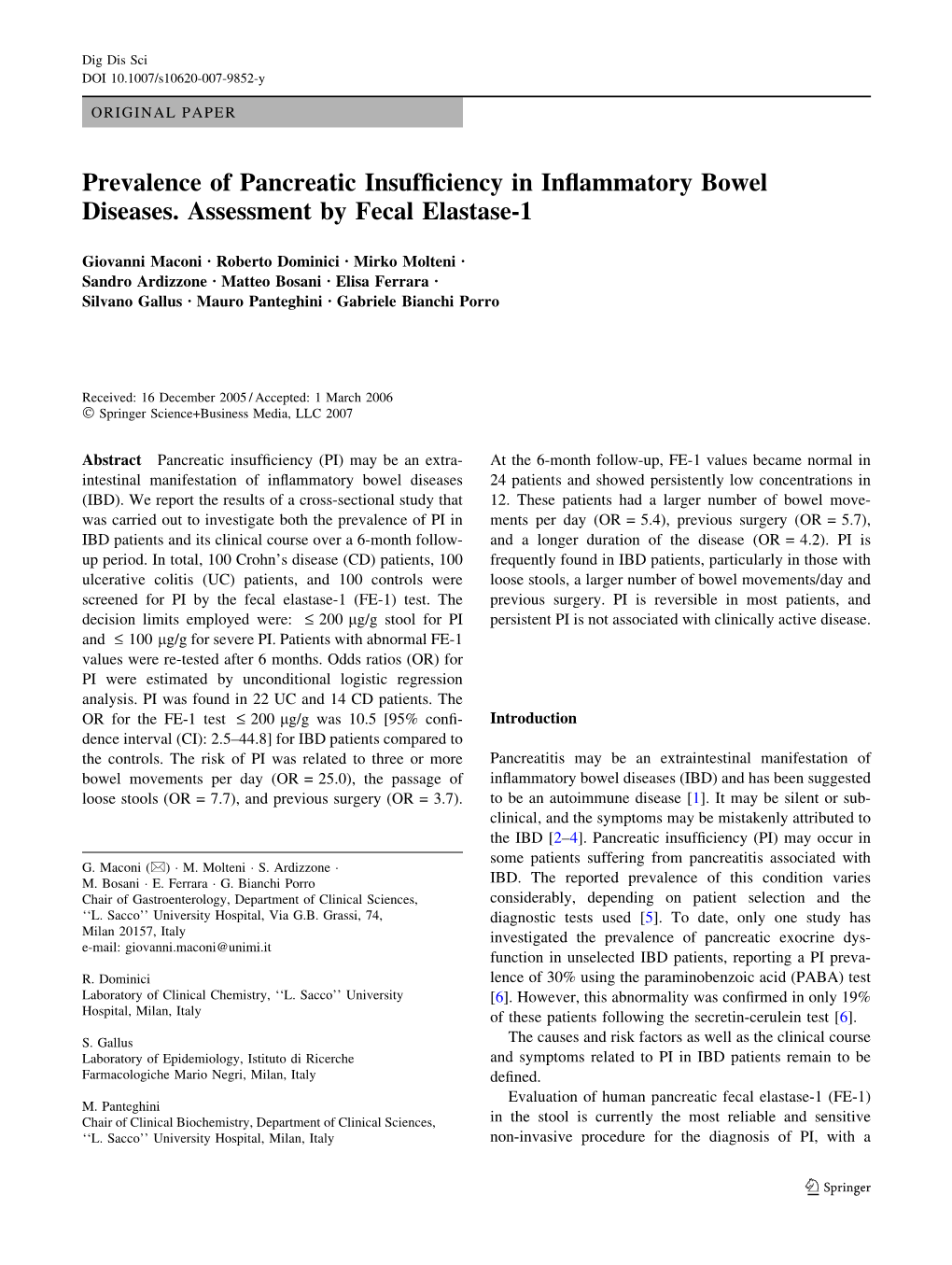 Prevalence of Pancreatic Insufficiency in Inflammatory Bowel Diseases