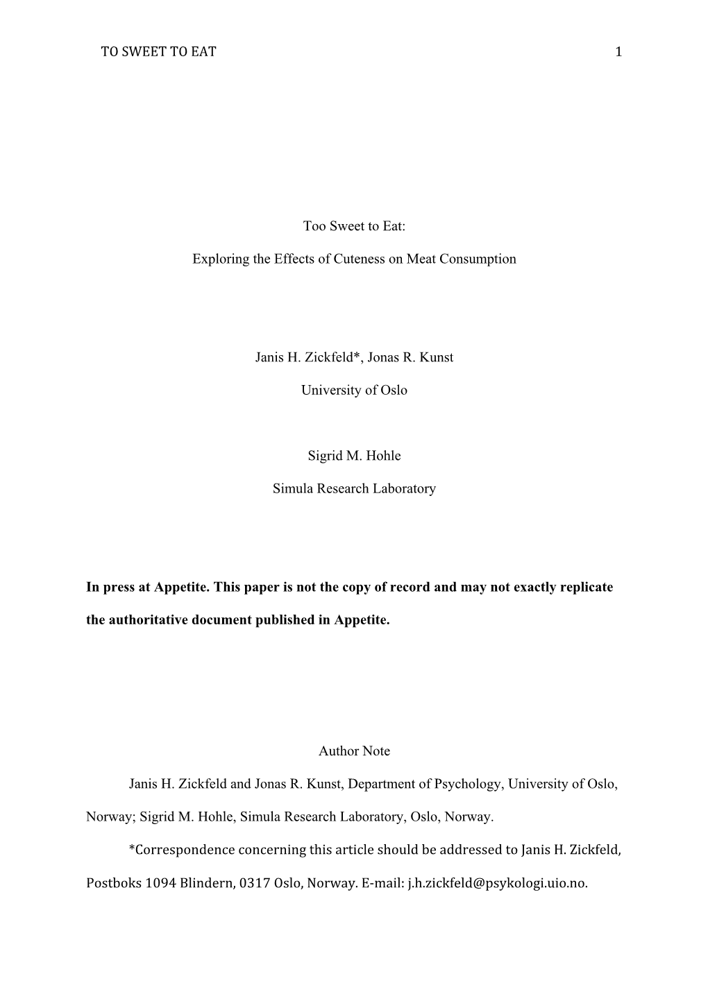 Exploring the Effects of Cuteness on Meat Consumption Janis H