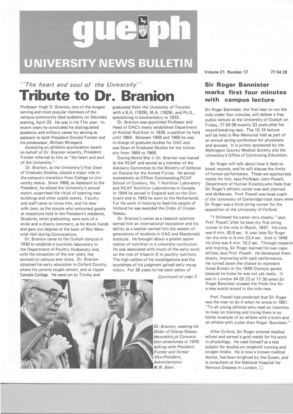Tribute to Dr. Branion with Campus Lecture Professor Hugh D