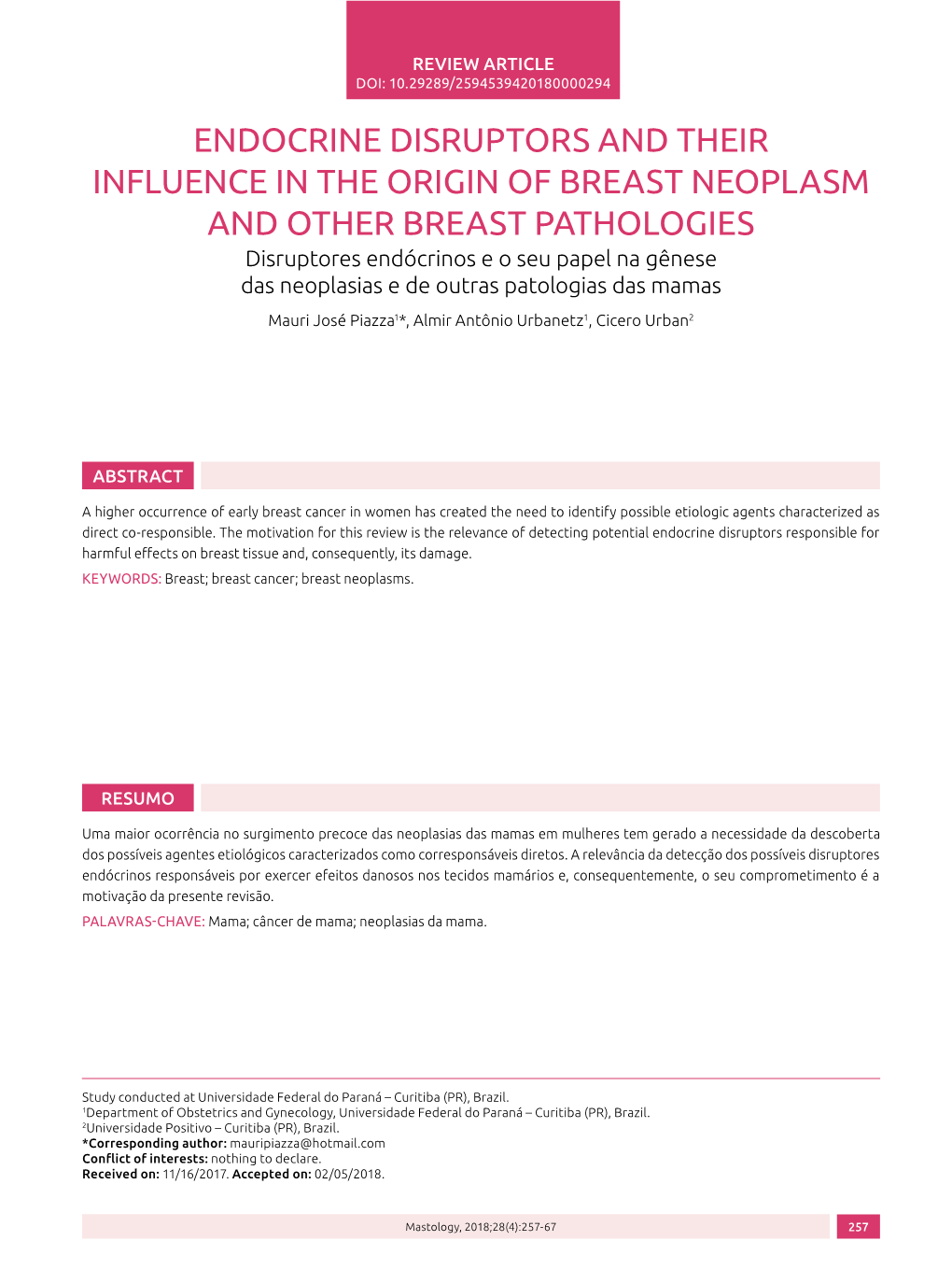 Endocrine Disruptors and Their Influence in the Origin of Breast Neoplasm and Other Breast Pathologies