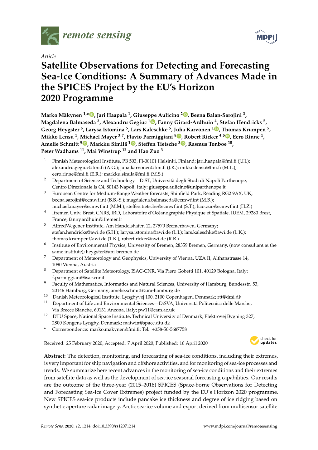 Satellite Observations for Detecting and Forecasting Sea-Ice Conditions: a Summary of Advances Made in the SPICES Project by the EU’S Horizon 2020 Programme