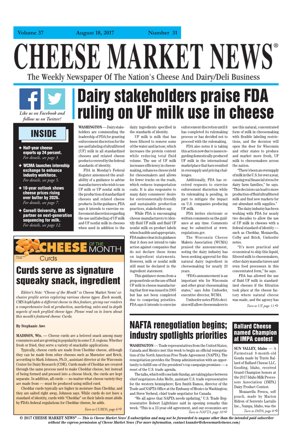 Dairy Stakeholders Praise FDA Ruling on UF Milk Use in Cheese