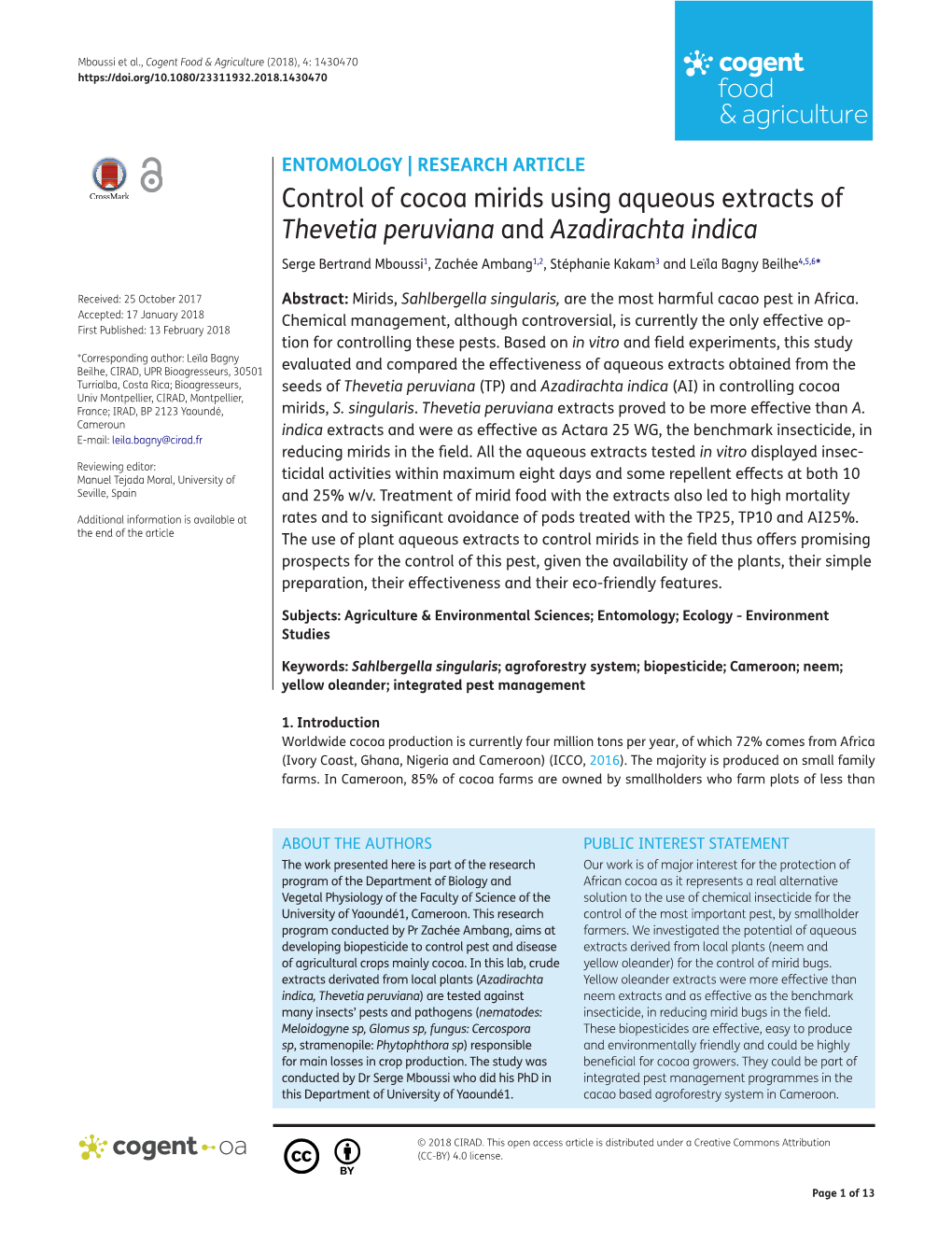 Control of Cocoa Mirids Using Aqueous Extracts of Thevetia Peruviana And