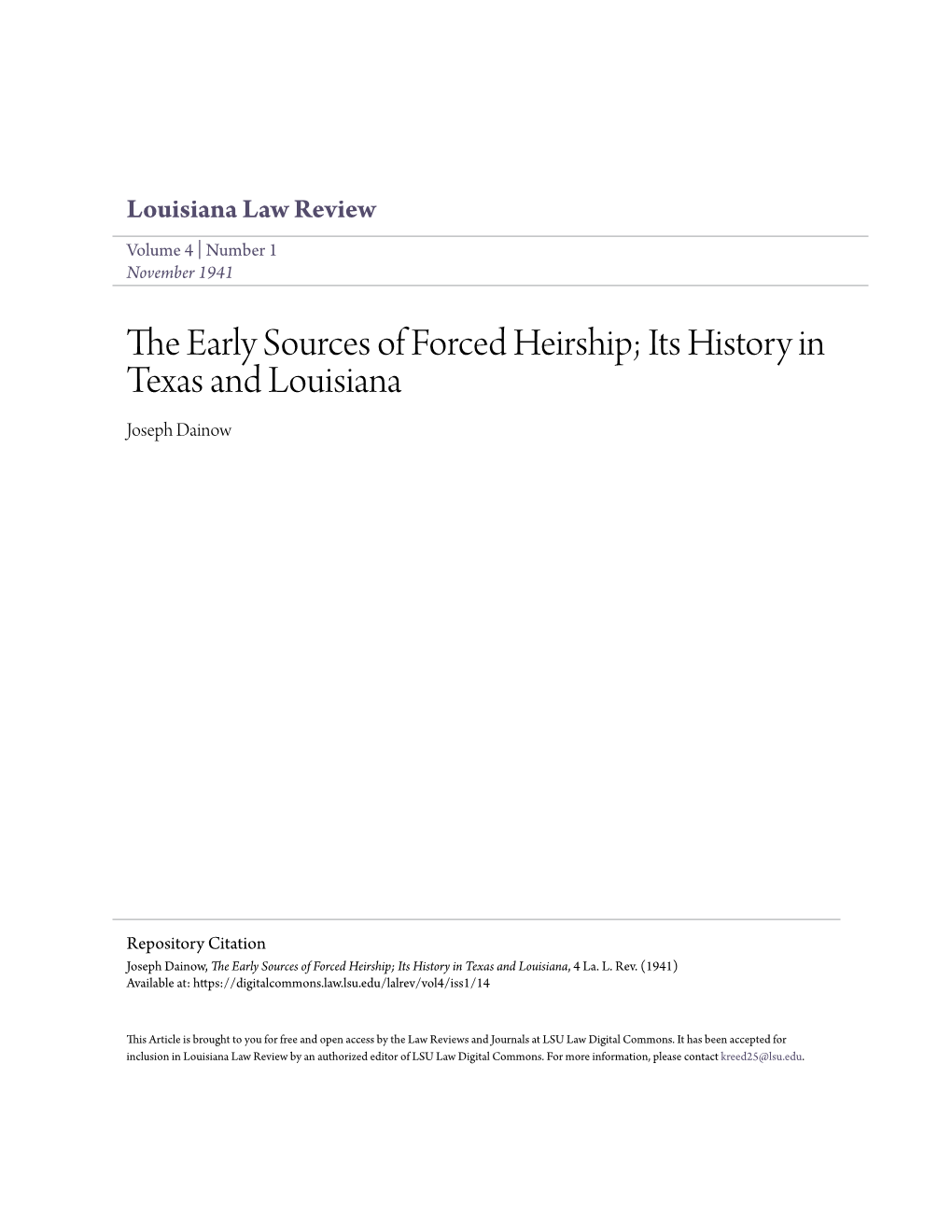 The Early Sources of Forced Heirship; Its History in Texas and Louisiana, 4 La