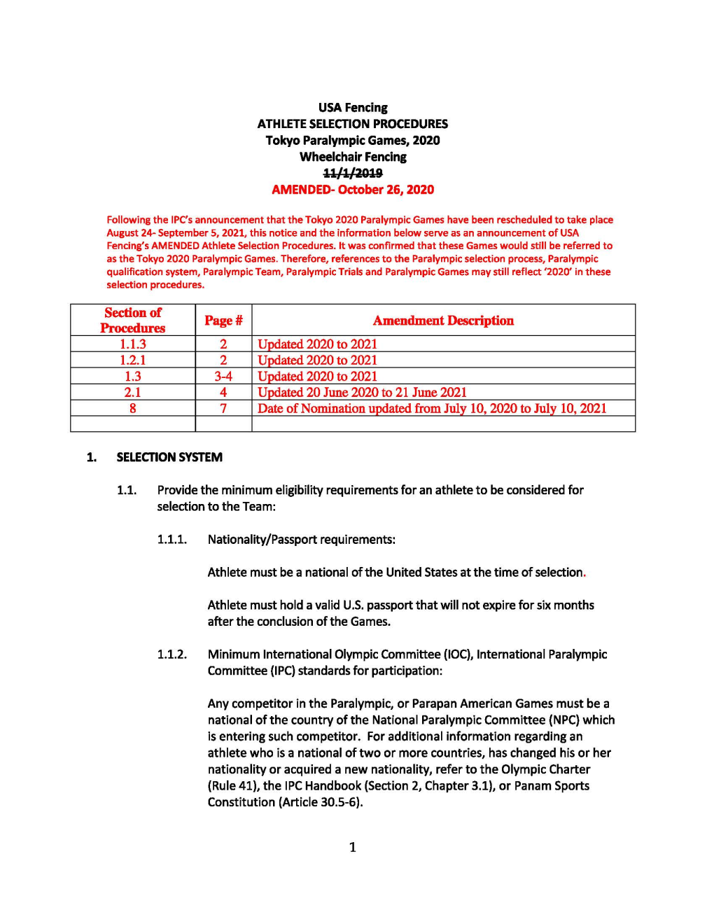 USA Fencing ATHLETE SELECTION PROCEDURES Tokyo Paralympic Games, 2020 Wheelchair Fencing 11/1/2019 AMENDED- October 26, 2020