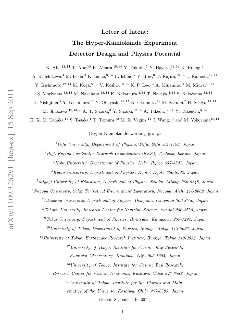 Arxiv:1109.3262V1 [Hep-Ex] 15 Sep 2011 University of Tokyo, Department of Physics, Bunkyo, Tokyo 113-0033, Japan