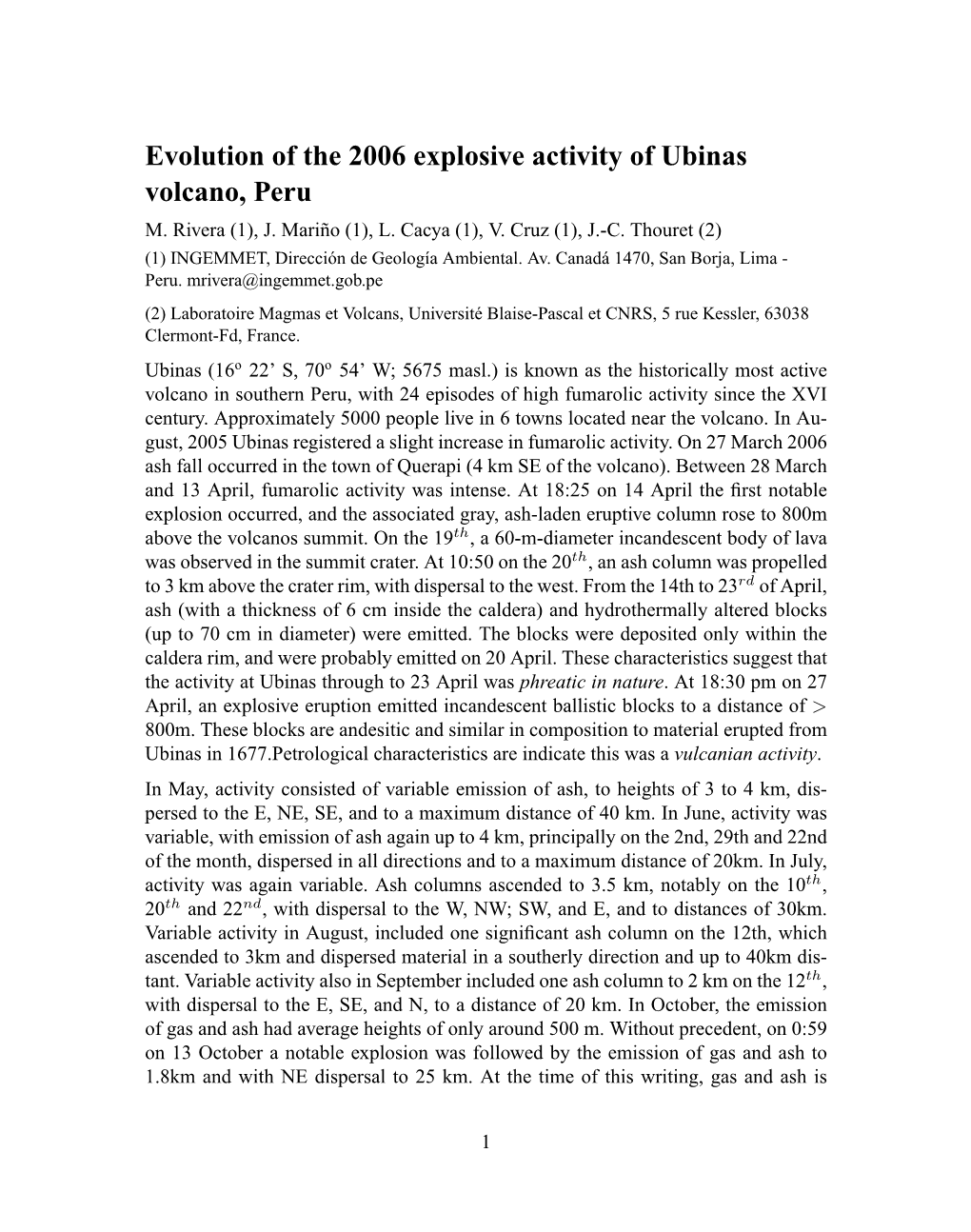 Evolution of the 2006 Explosive Activity of Ubinas Volcano, Peru M